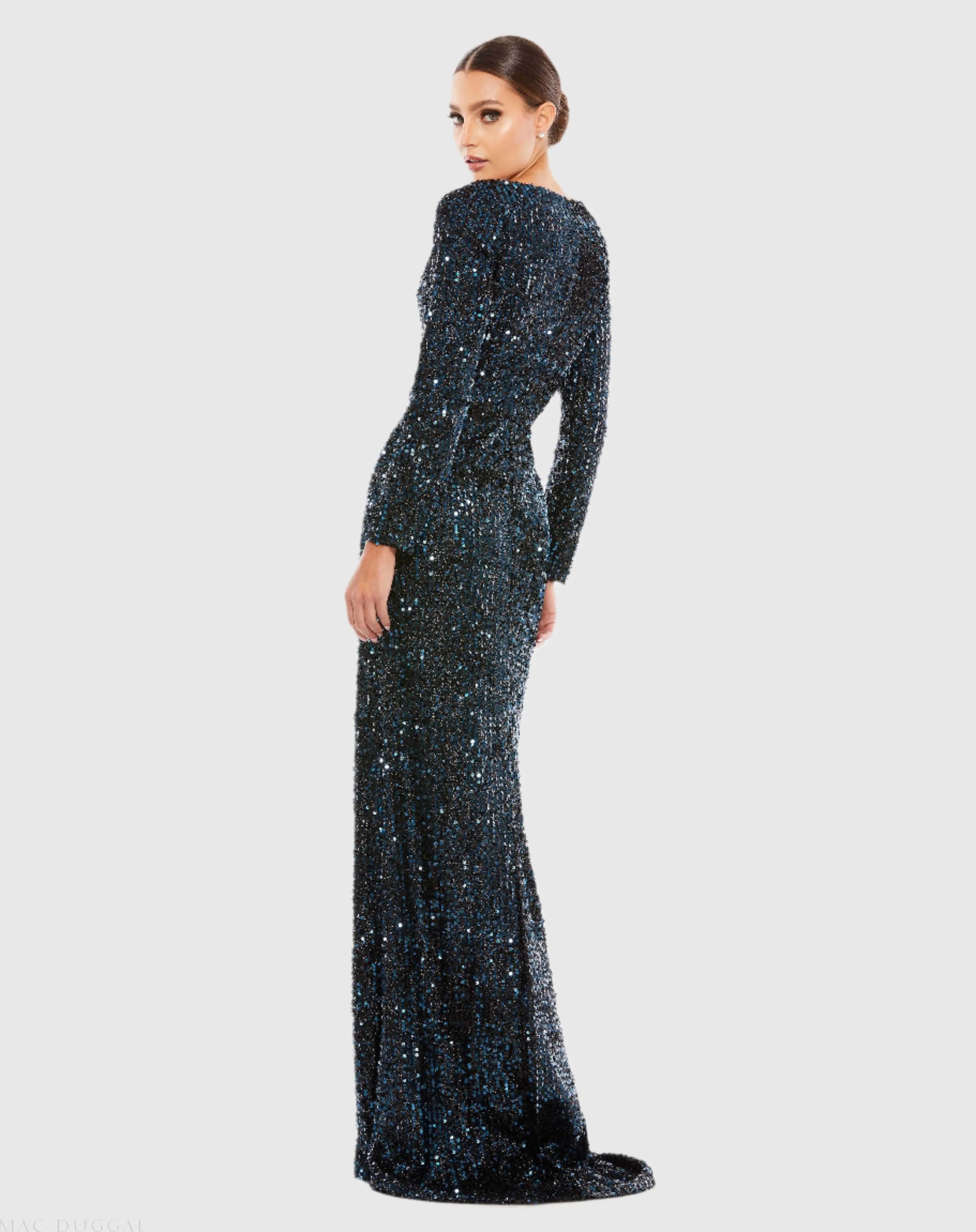 Navy Long Sleeve Sequined Gown - Ieena for Mac Duggal