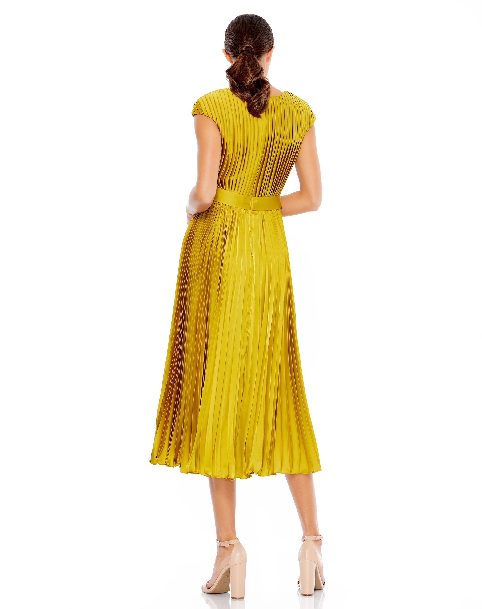 Pleated Cap Sleeve Belted A Line Dress