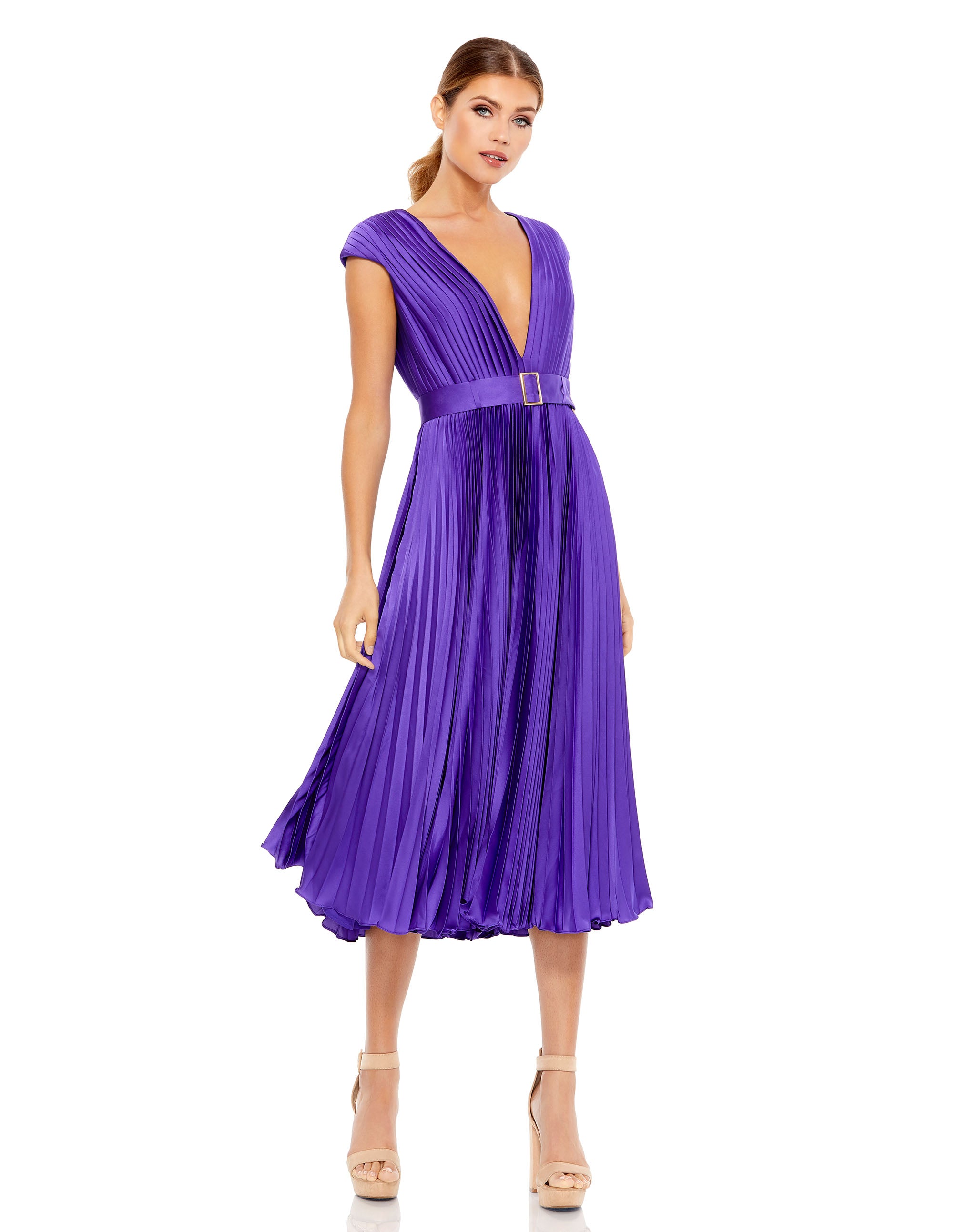 Pleated Cap Sleeve Belted A-Line Midi Dress