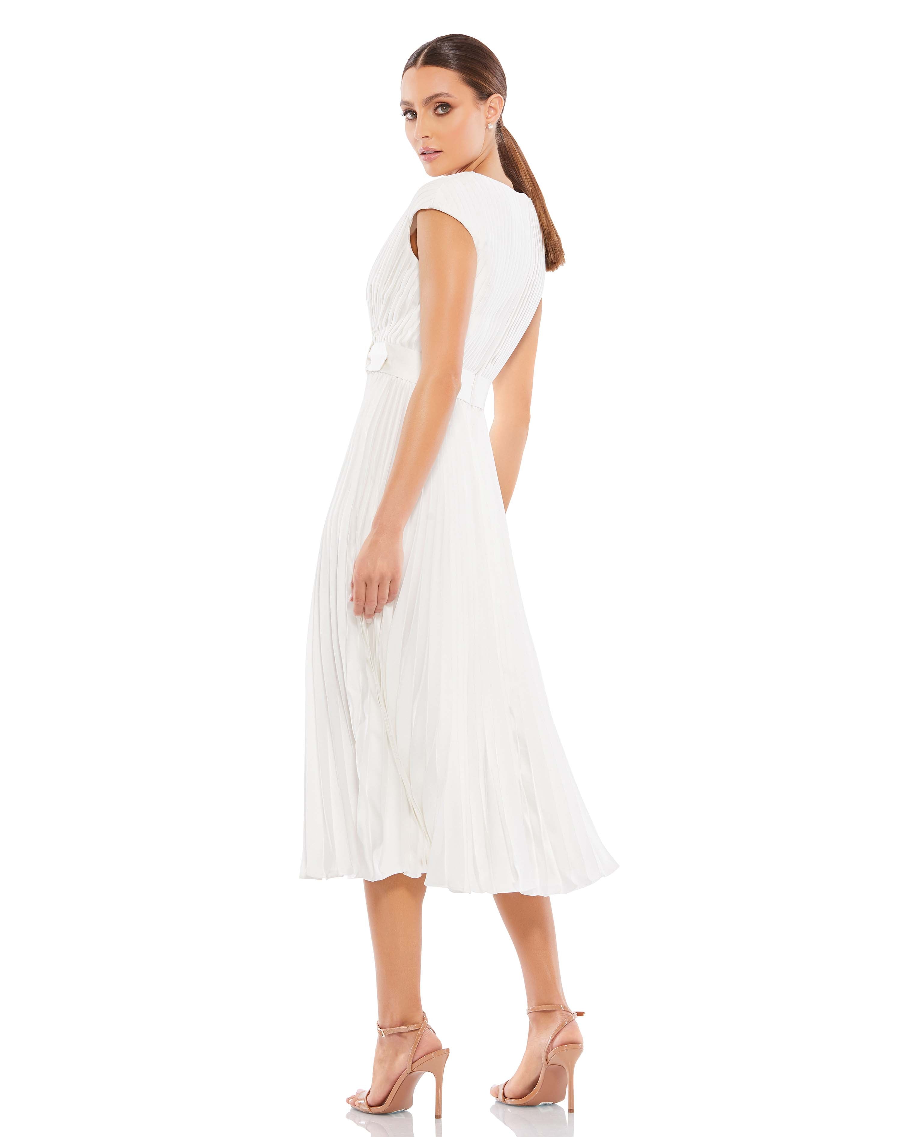 Pleated Cap Sleeve Belted A-Line Midi Dress