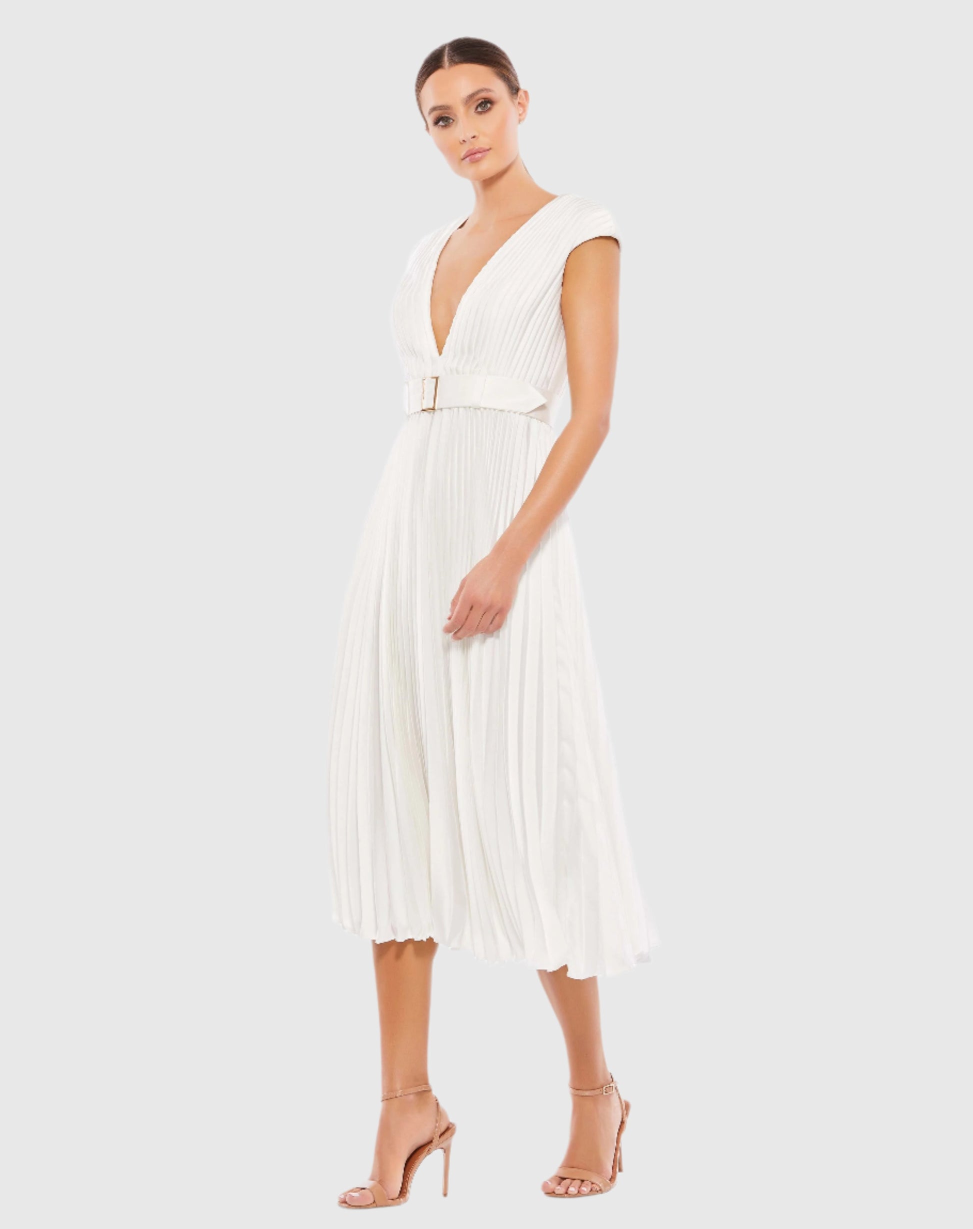 Pleated Cap Sleeve Belted A Line Dress