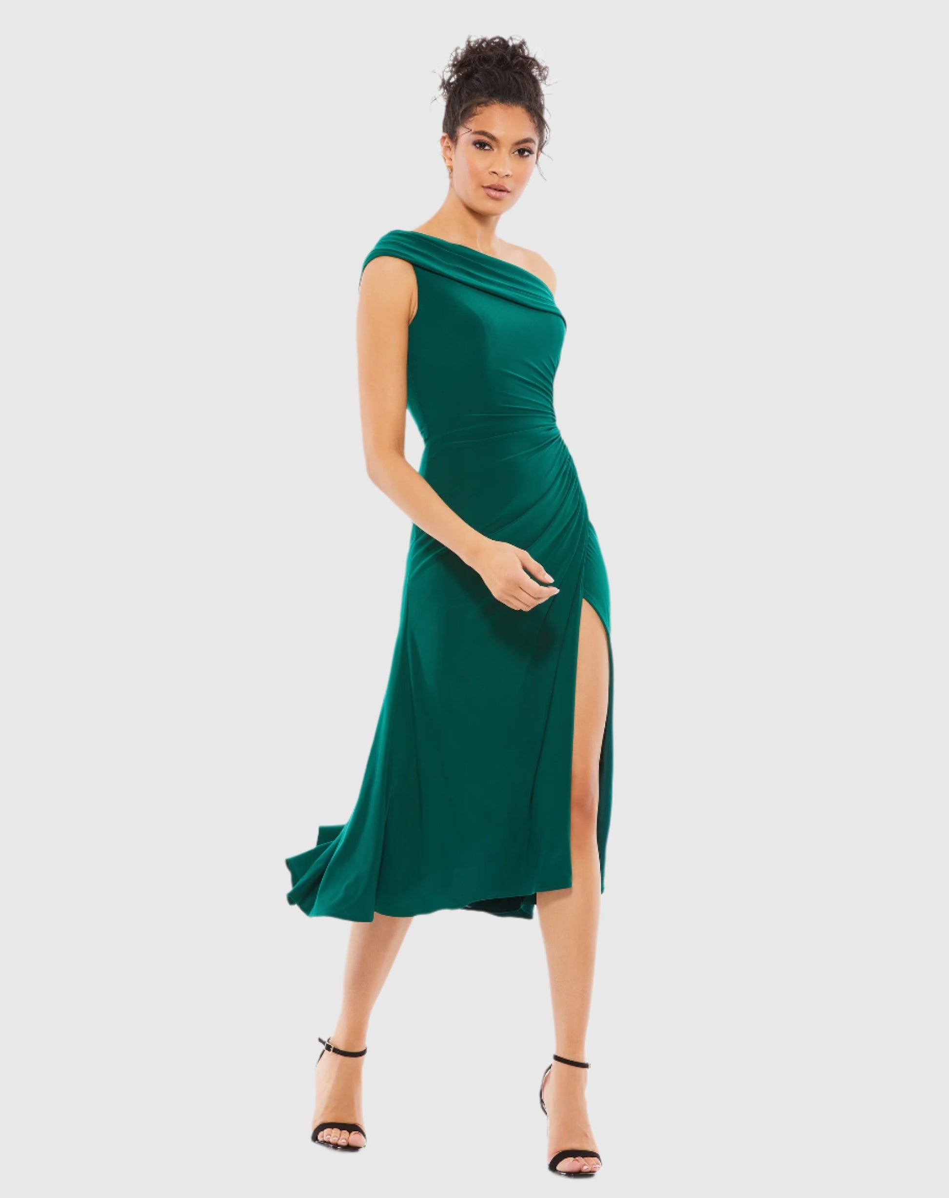 Dark Green Ruched Off-The-Shoulder Midi Dress - Mac Duggal Dark Green Ruched Off-The-Shoulder Midi Dress - Mac Duggal