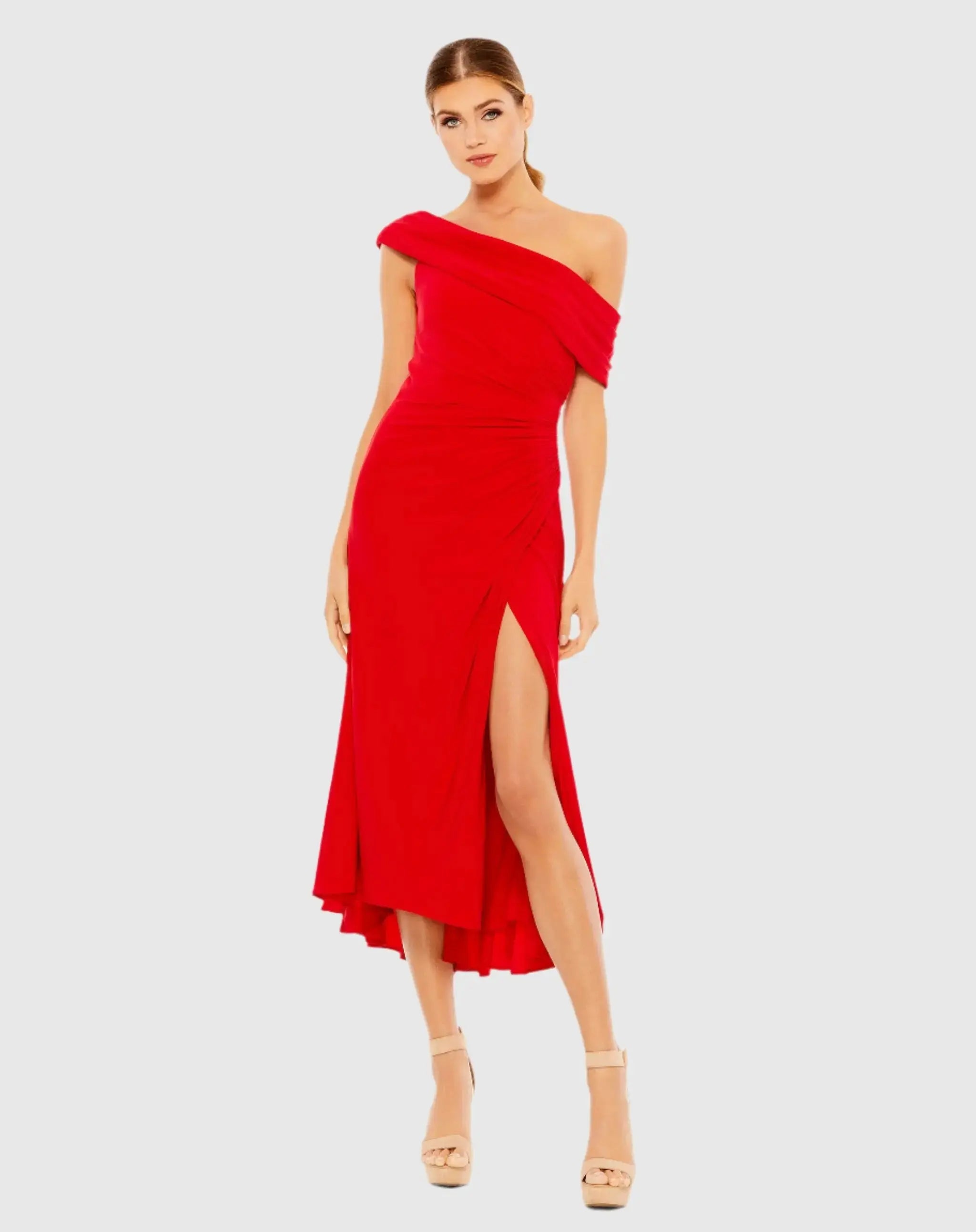 Red Ruched Off-The-Shoulder Midi Dress - Ieena for Mac Duggal