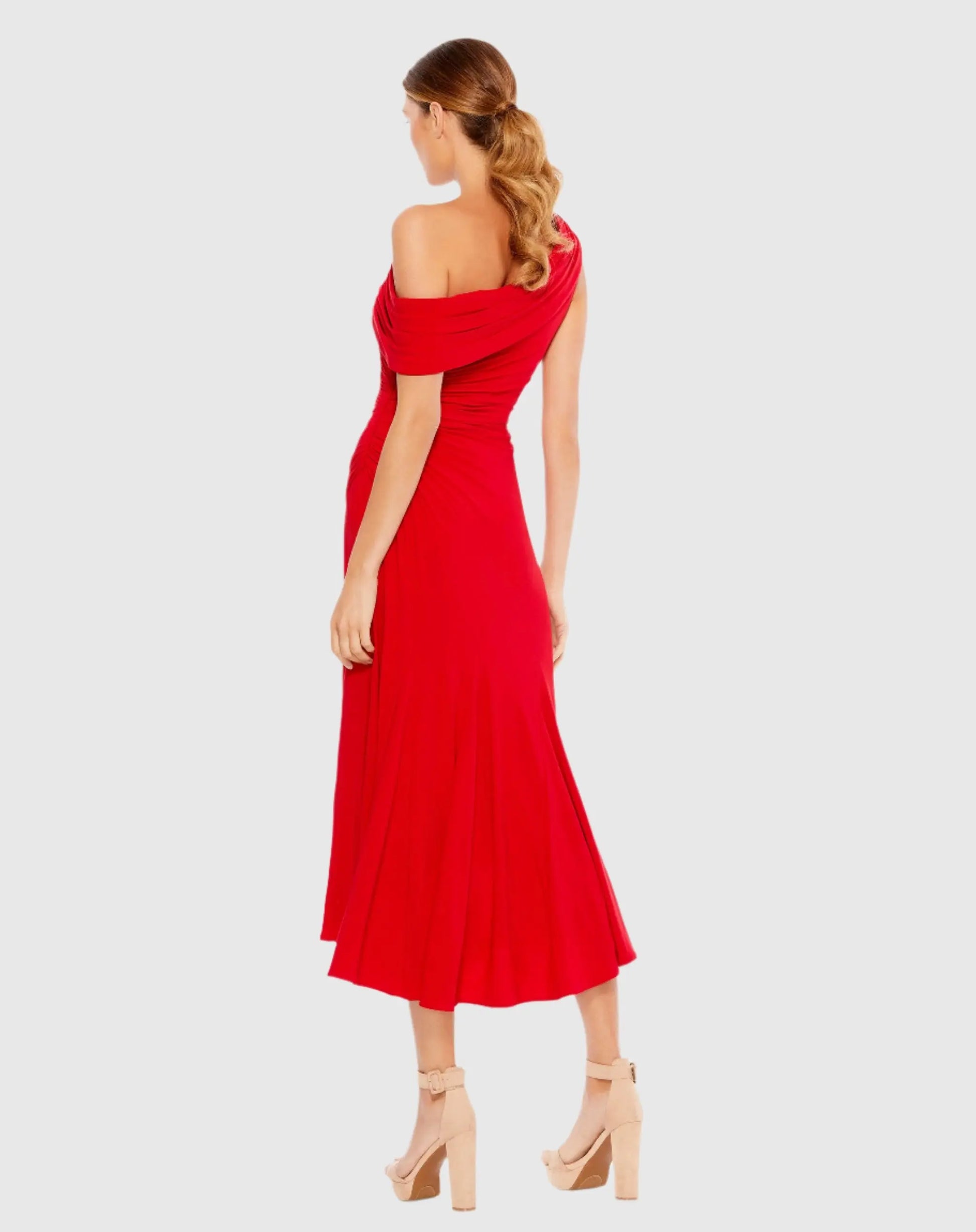 Red Ruched Off-The-Shoulder Midi Dress - Ieena for Mac Duggal