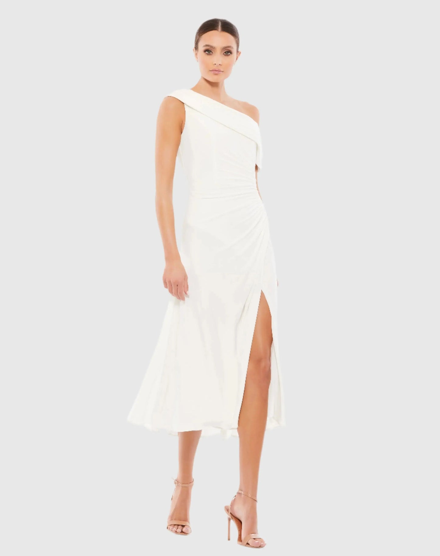 White Ruched Off-The-Shoulder Midi Dress - Ieena for Mac Duggal