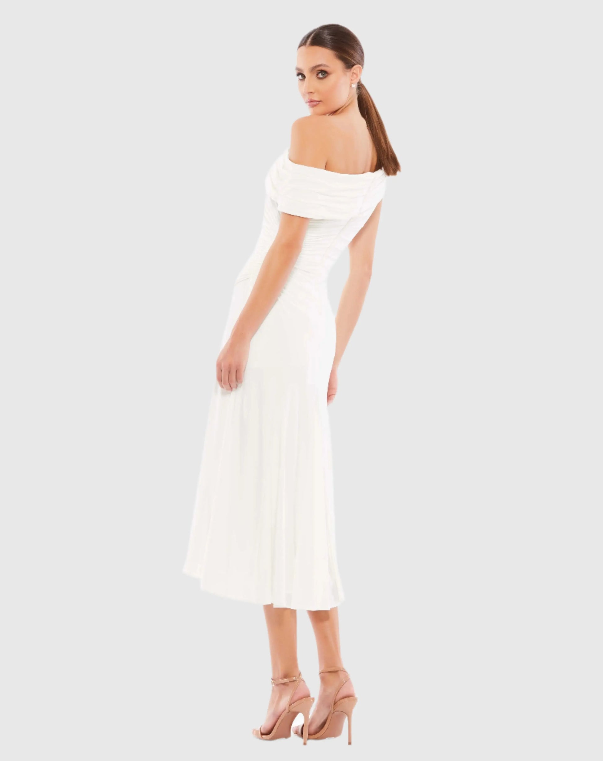 White Ruched Off-The-Shoulder Midi Dress - Ieena for Mac Duggal
