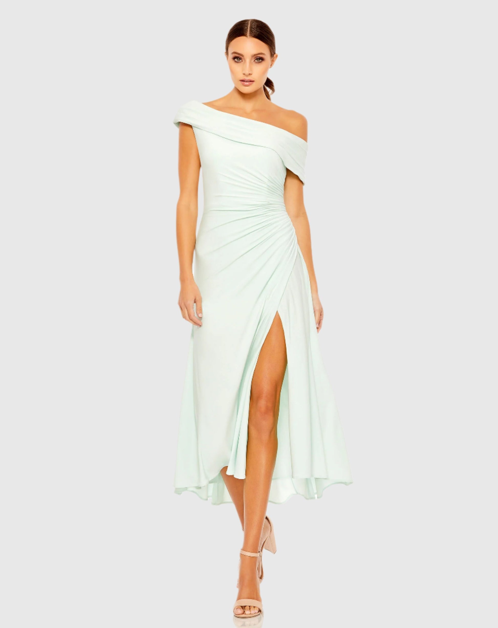 Ruched Off-The-Shoulder Midi Dress