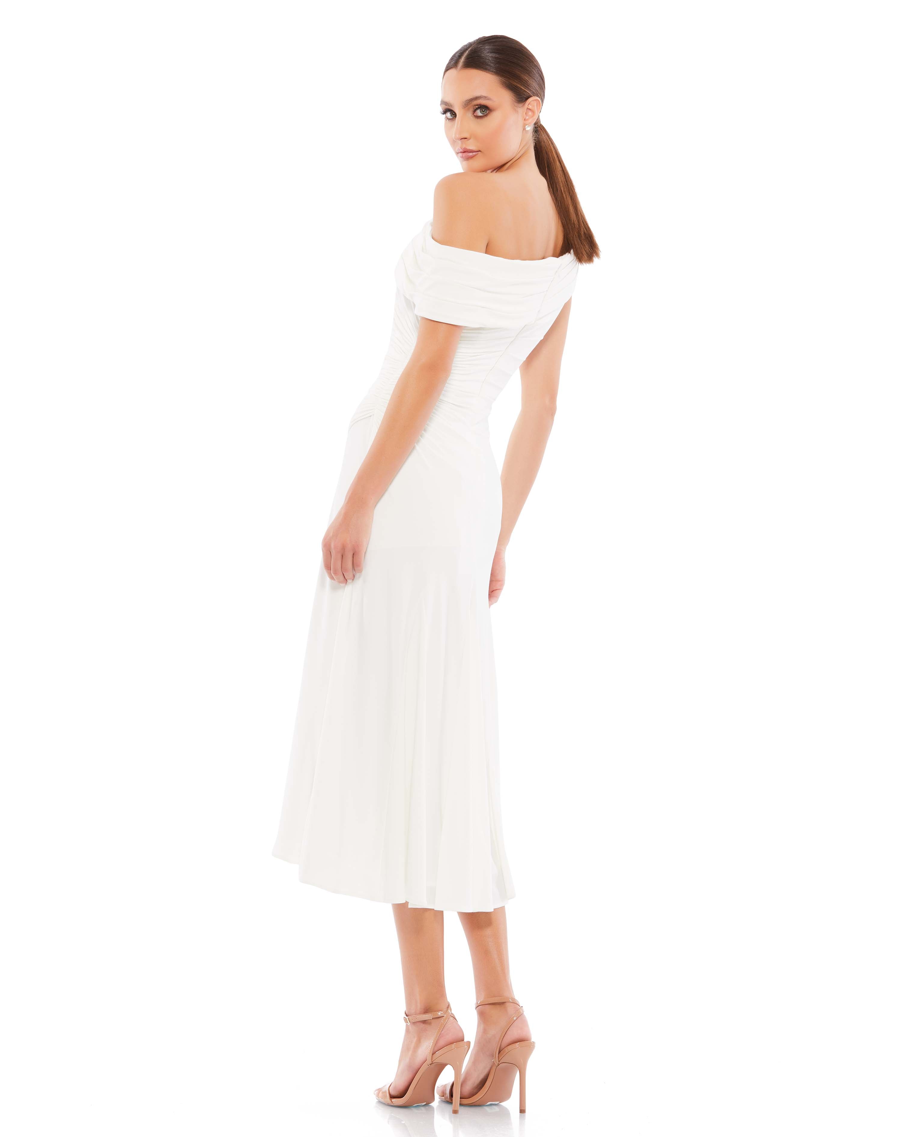 Ruched Off-The-Shoulder Midi Dress