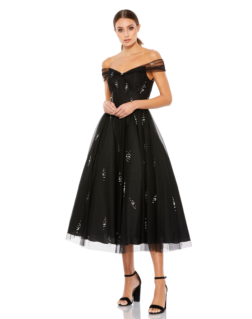 Mujar - Off-Shoulder Embellished A-Line Gown / Cocktail Dress / Adhesive Bra  / Set