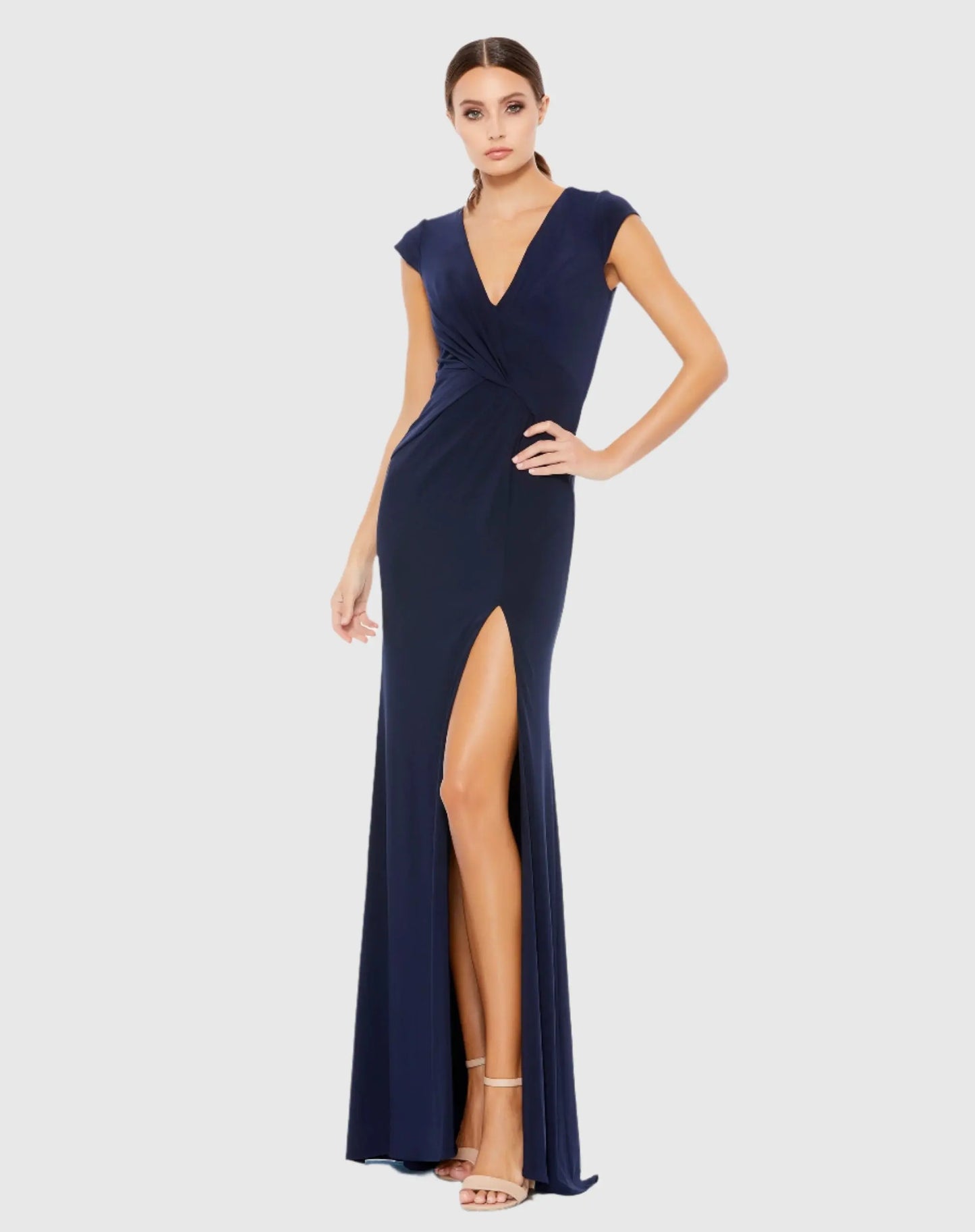 Navy V-Neck Ruched Jersey Gown - Mac Duggal