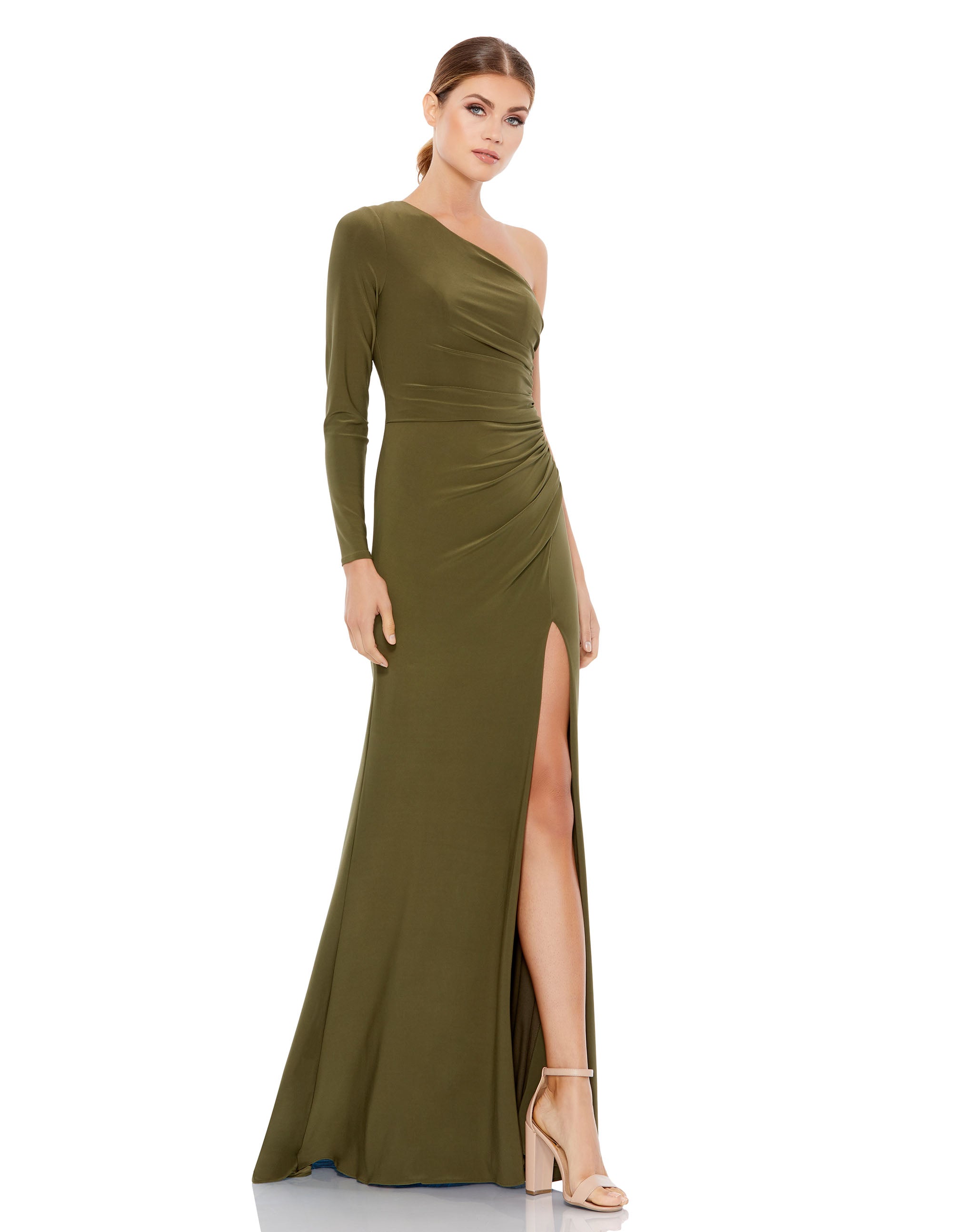 Stretch Jersey One Sleeve Gathered Waist Gown