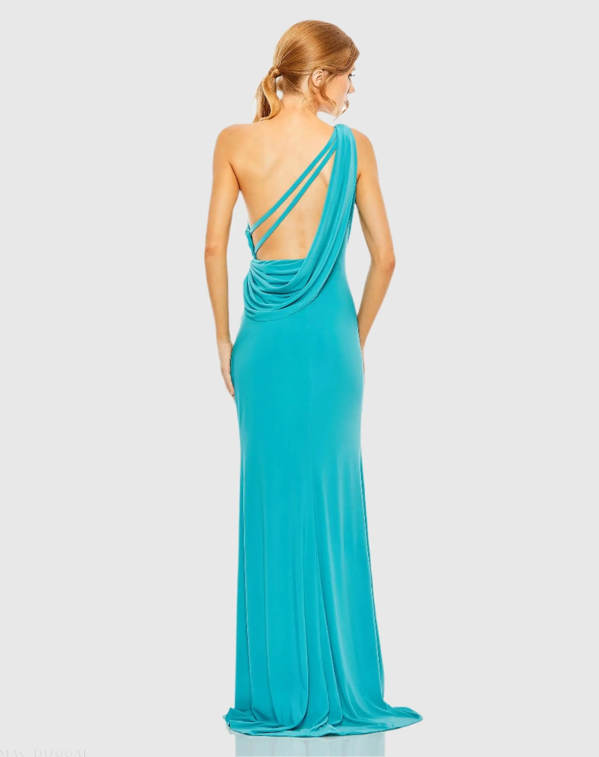 Blue Jersey One Shoulder Draped Back Gown - Ieena for Mac Duggal