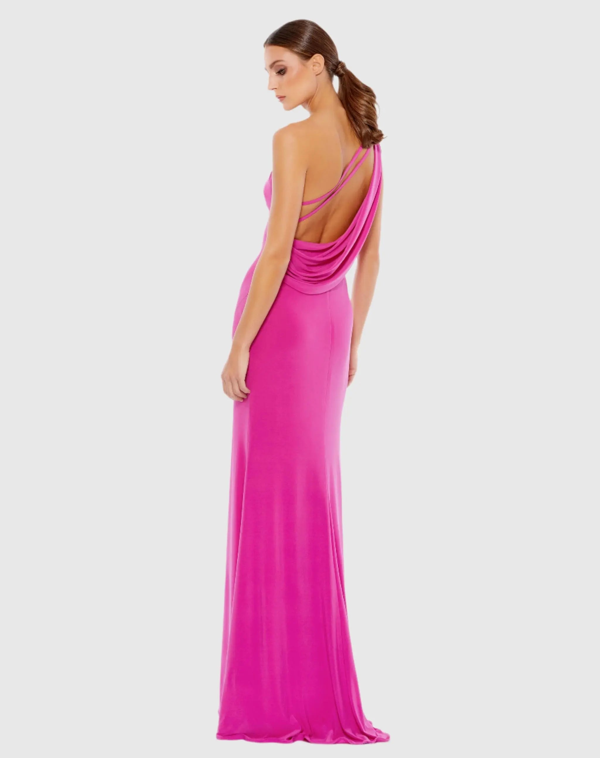 Pink Jersey One Shoulder Draped Back Gown - Ieena for Mac Duggal