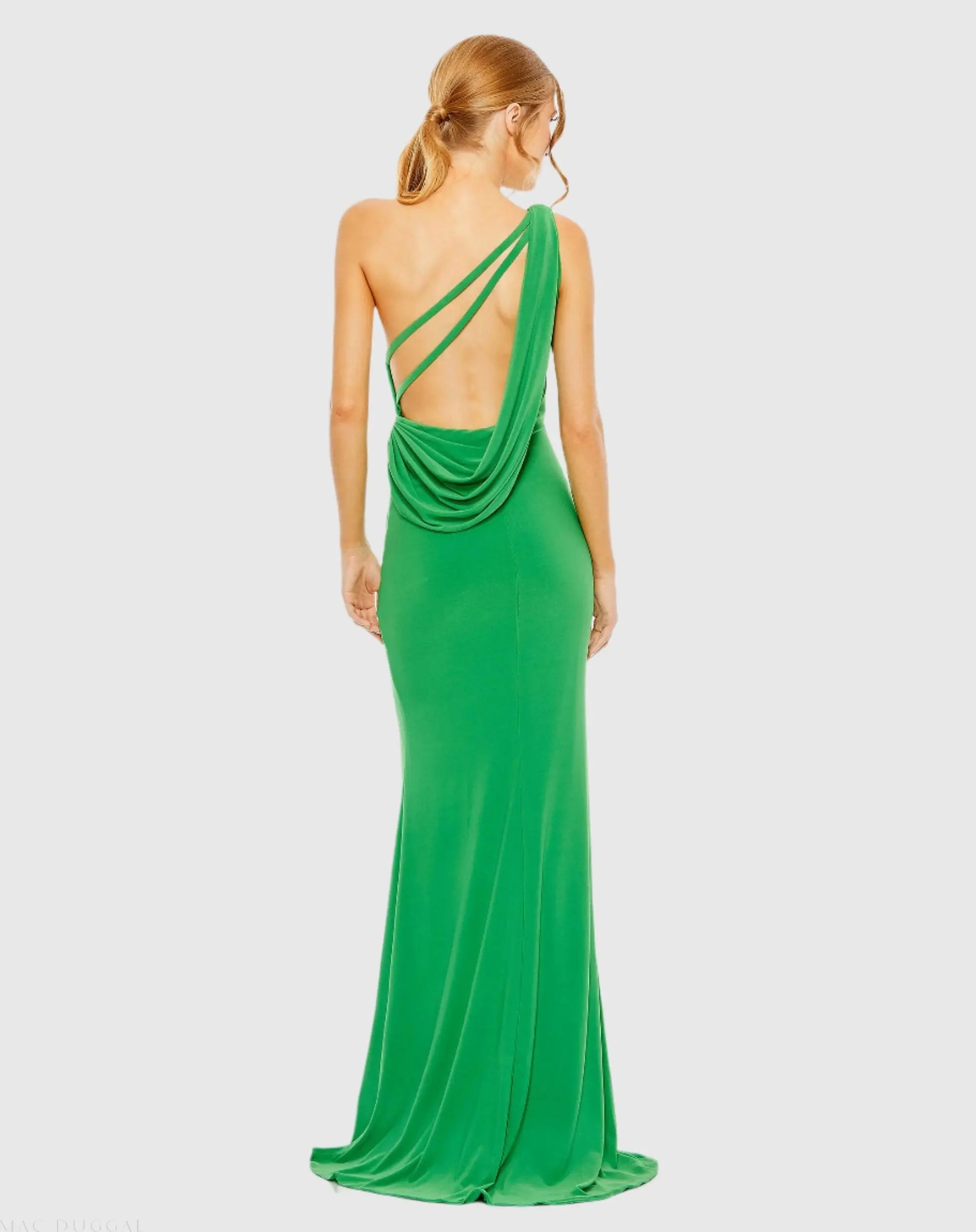 Green Jersey One Shoulder Draped Back Gown - Mac Duggal Green Jersey One Shoulder Draped Back Gown - Mac Duggal