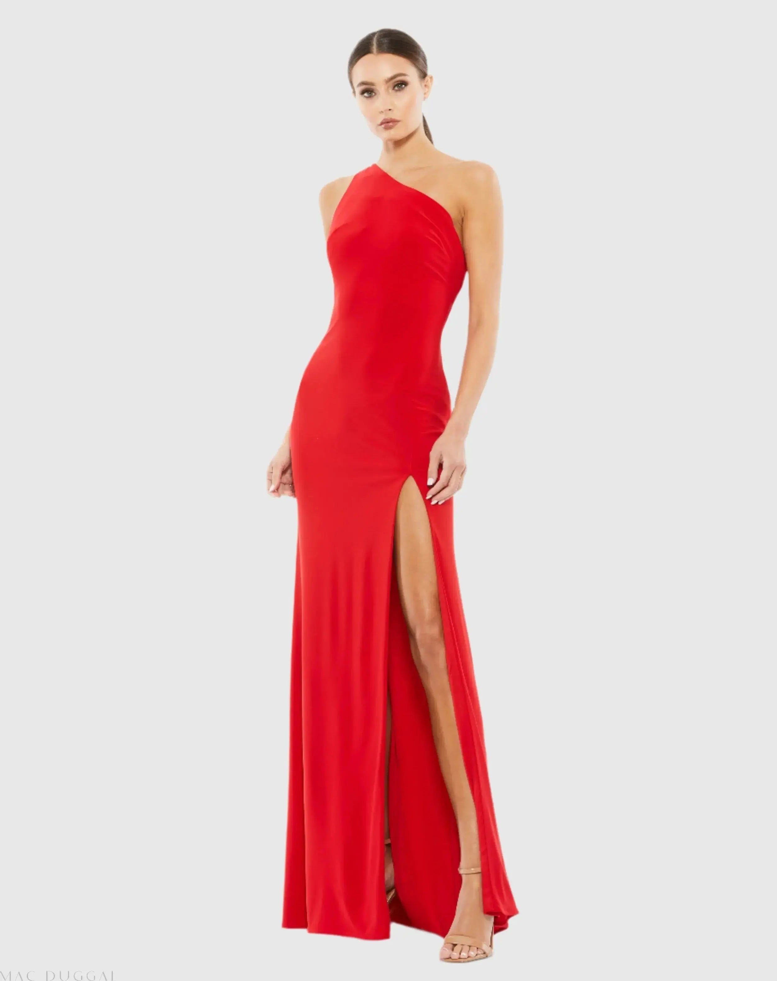 Red Jersey One Shoulder Draped Back Gown - Ieena for Mac Duggal