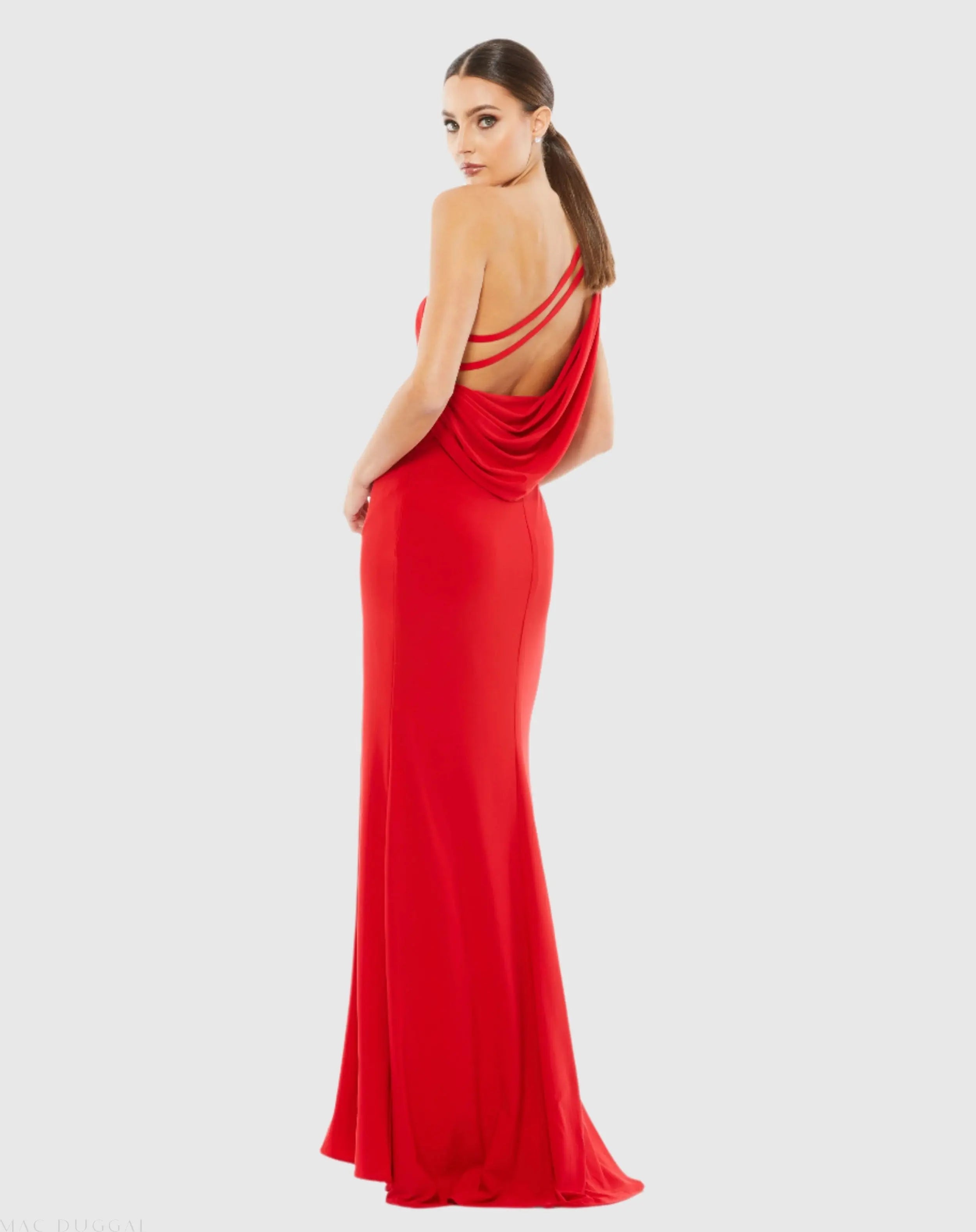Red Jersey One Shoulder Draped Back Gown - Mac Duggal