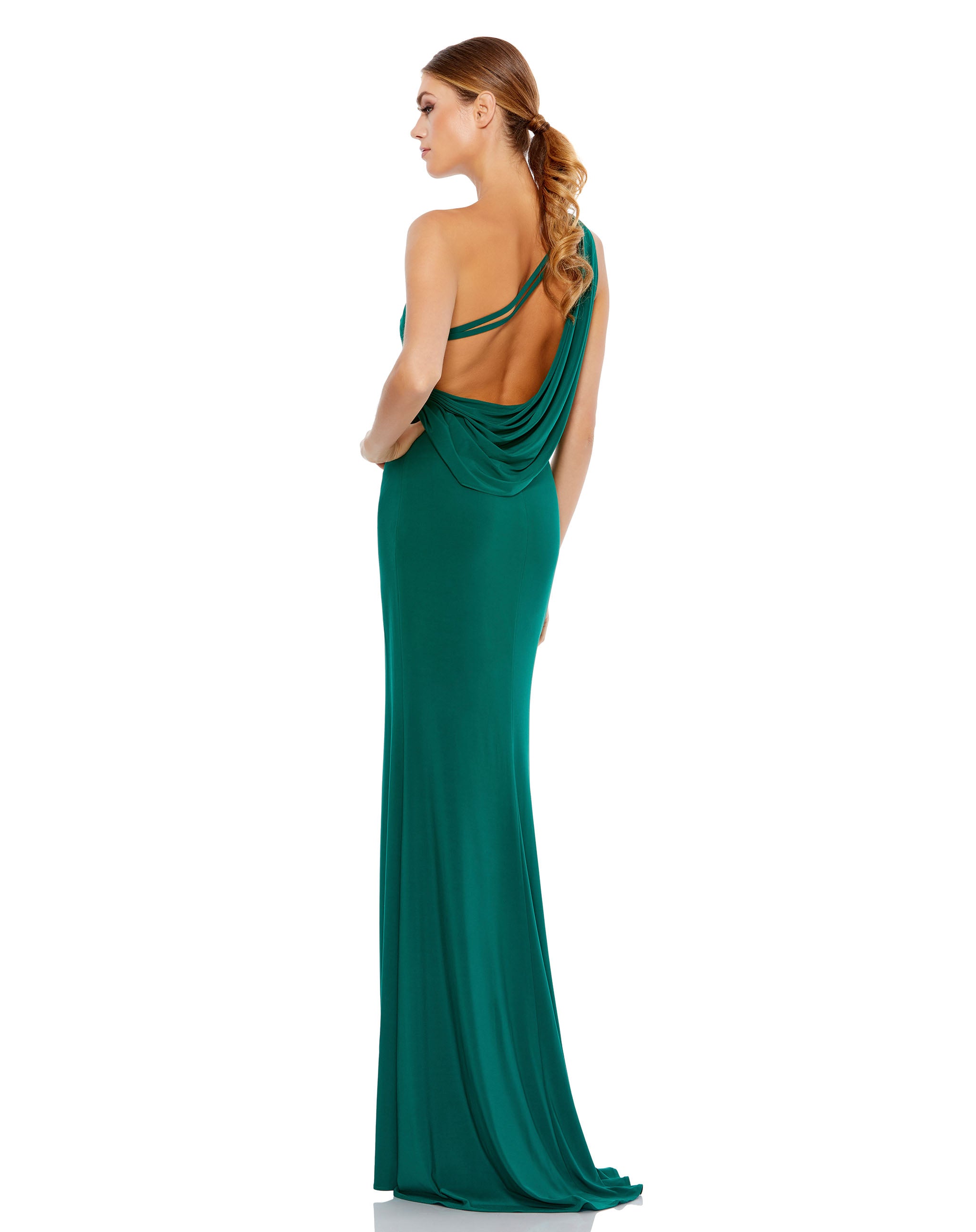 Jersey One Shoulder Draped Back Gown