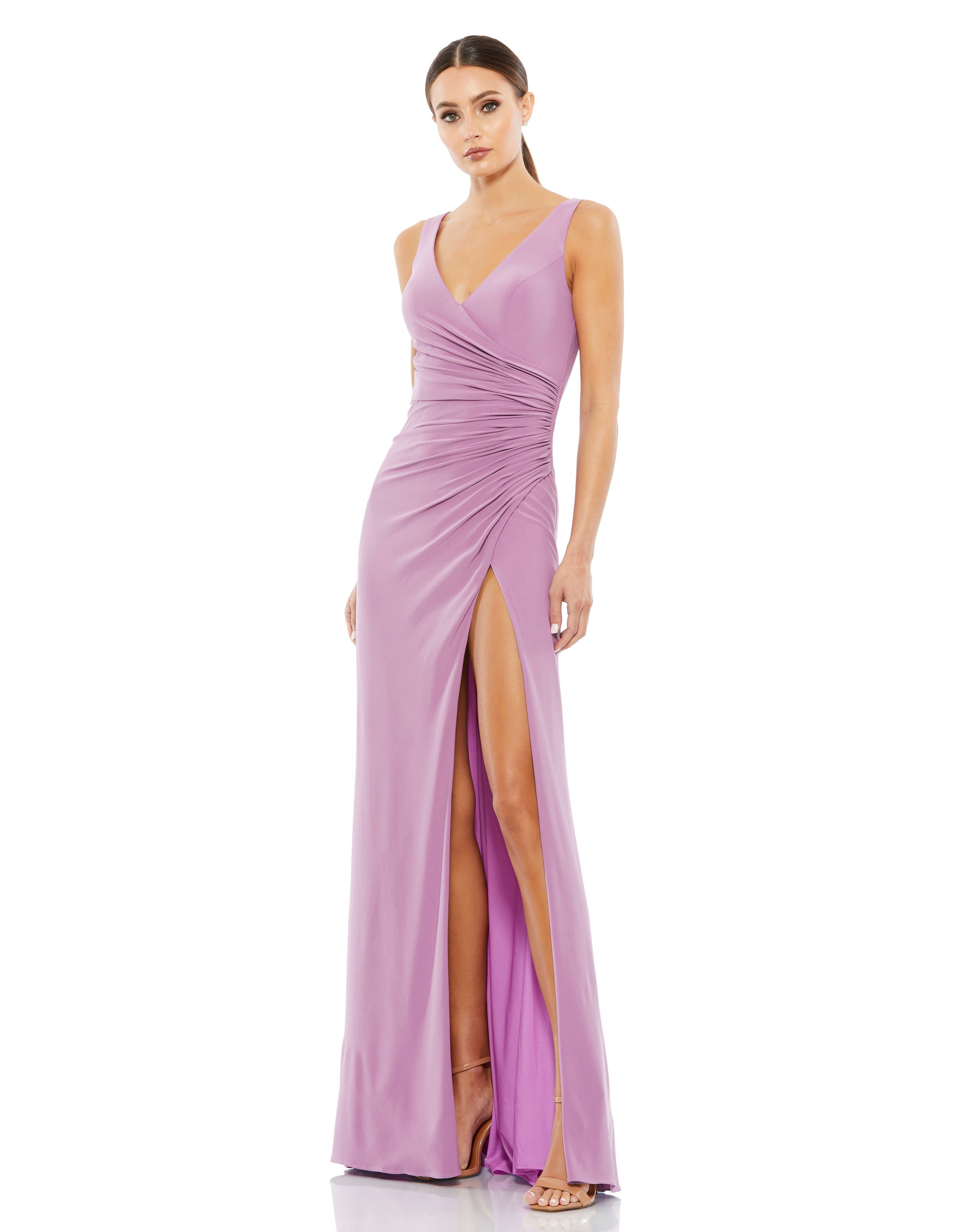 Ruched Stretch Jersey V-Neck Gown – Mac Duggal