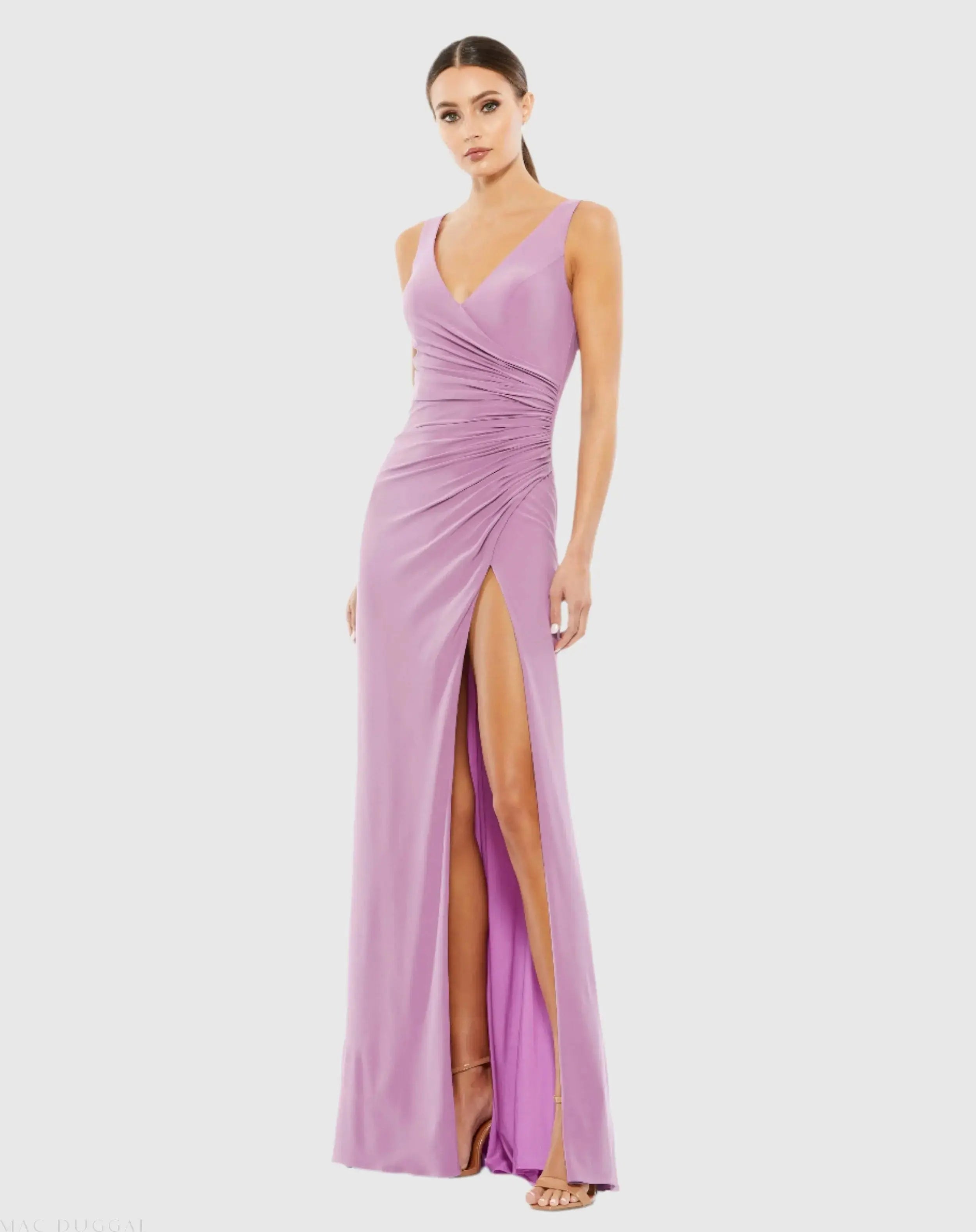 Ruched Stretch Jersey V-Neck Gown - Mac Duggal