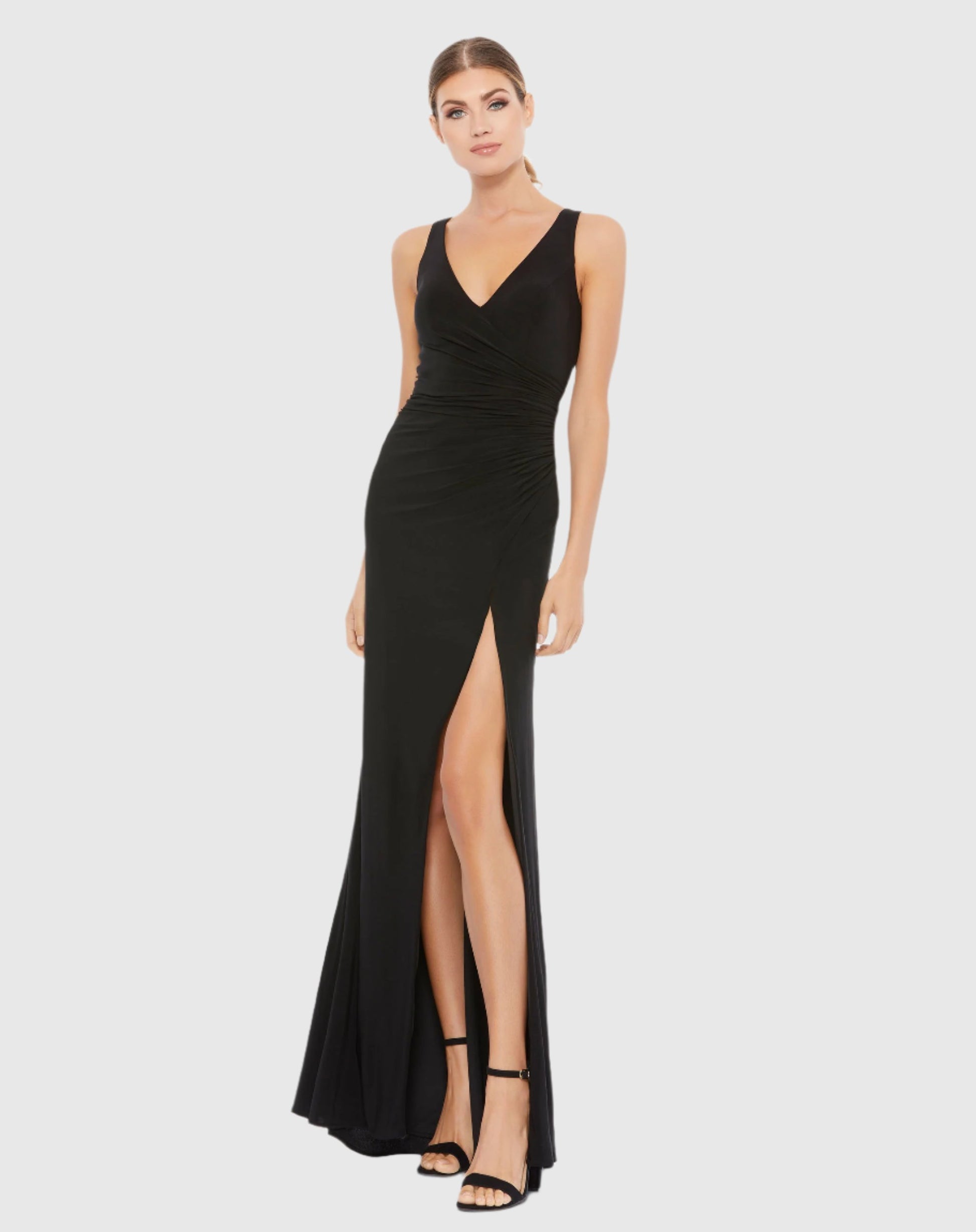 Faux Wrap Sleeveless V Neck Gown