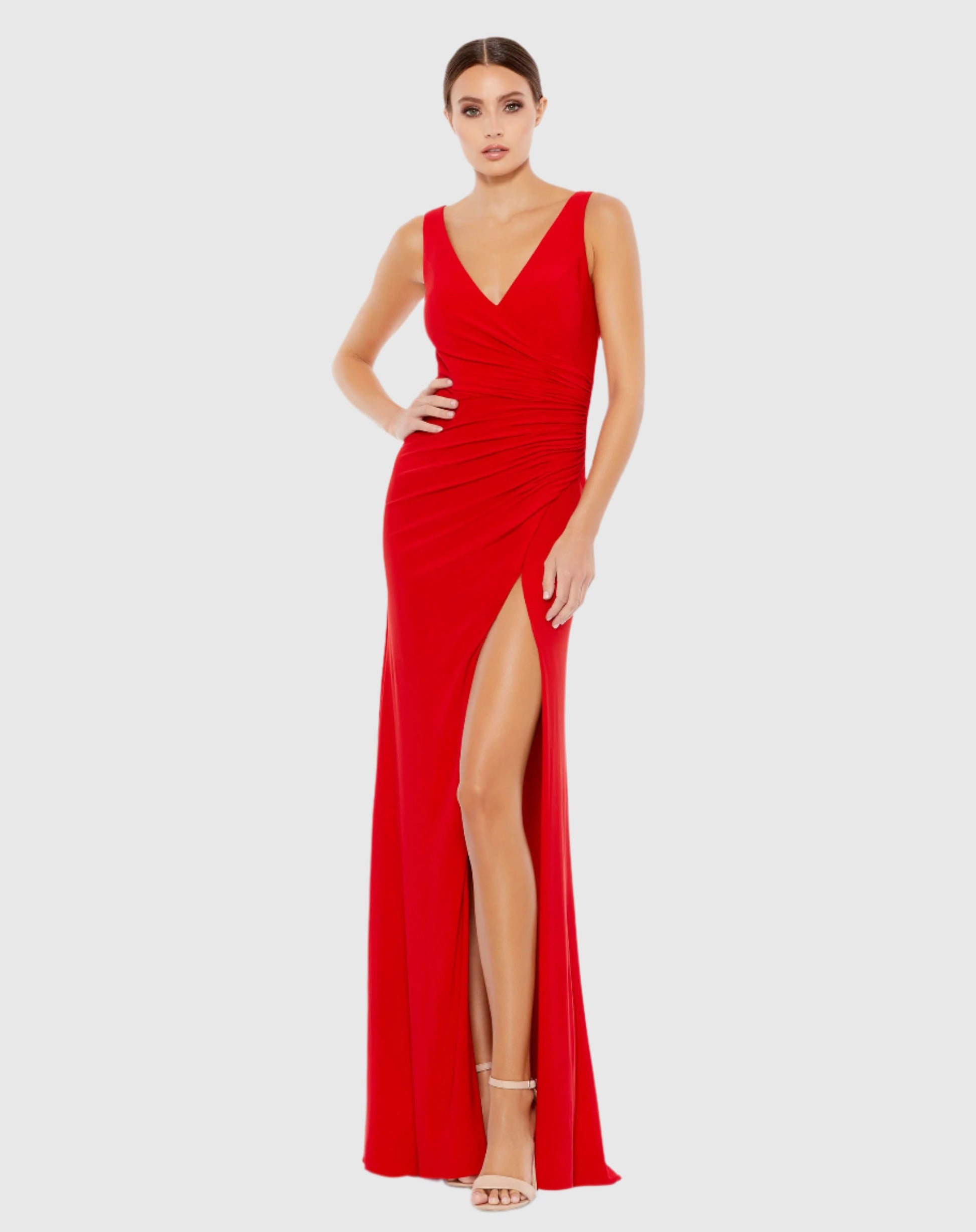 Faux Wrap Sleeveless V Neck Gown