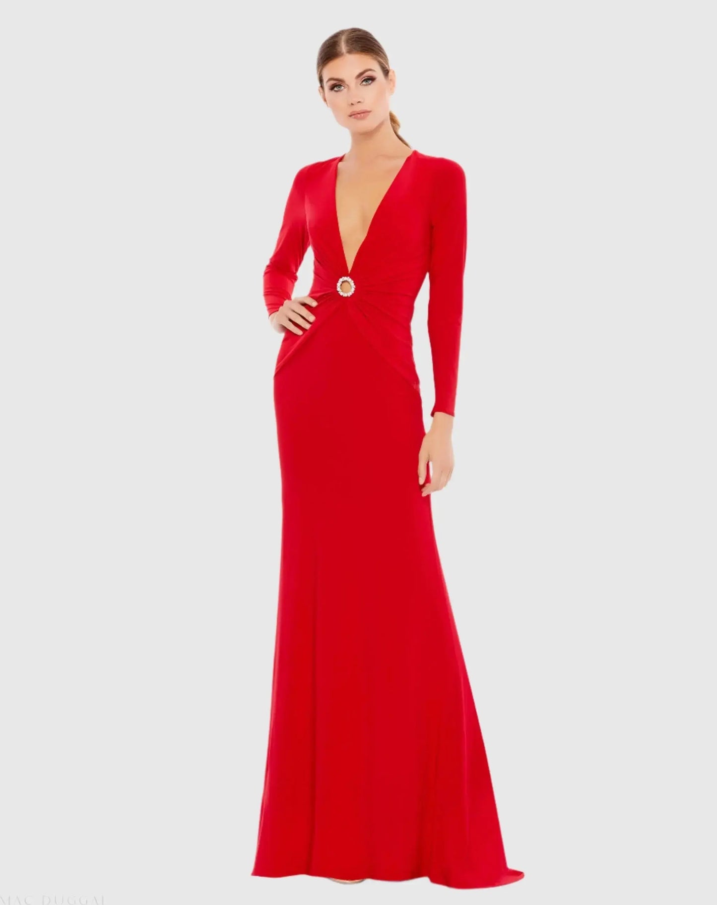 Red Gathered Pearl Long Sleeve Keyhole Gown - Ieena for Mac Duggal