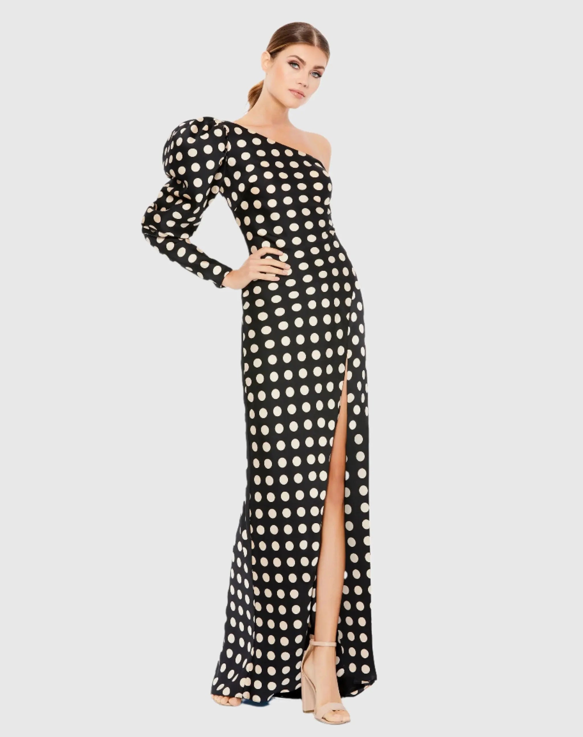 One Sleeve Polka Dot Sheath Gown Ieena for Mac Duggal