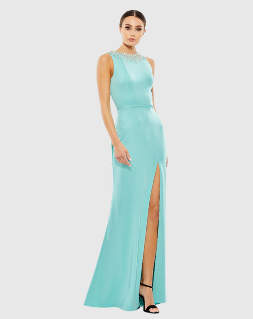 Light Blue Sleeveless Rhinestone Collar Column Gown