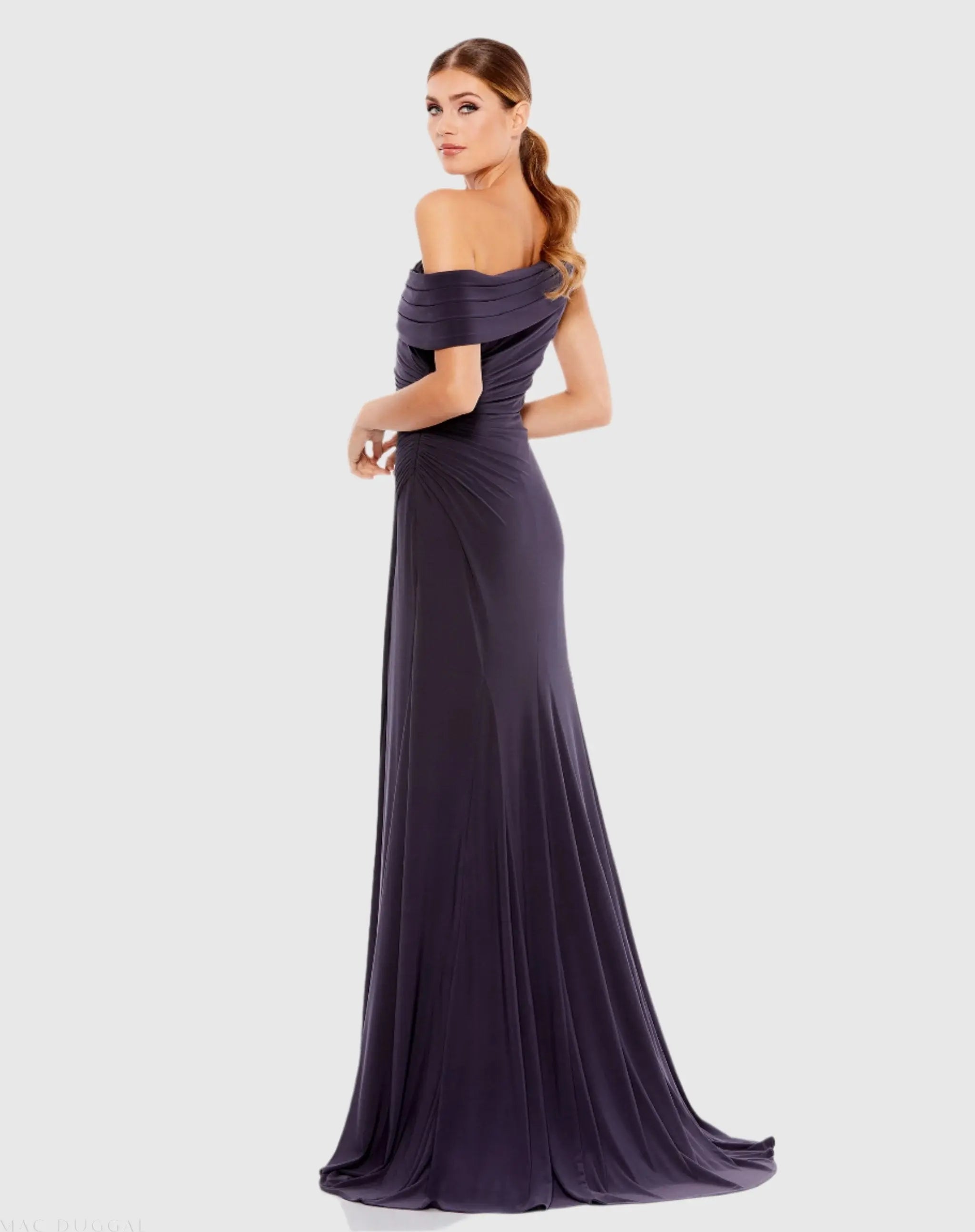 Purple Foldover Off-the-Shoulder Slit Gown - Ieena for Mac Duggal