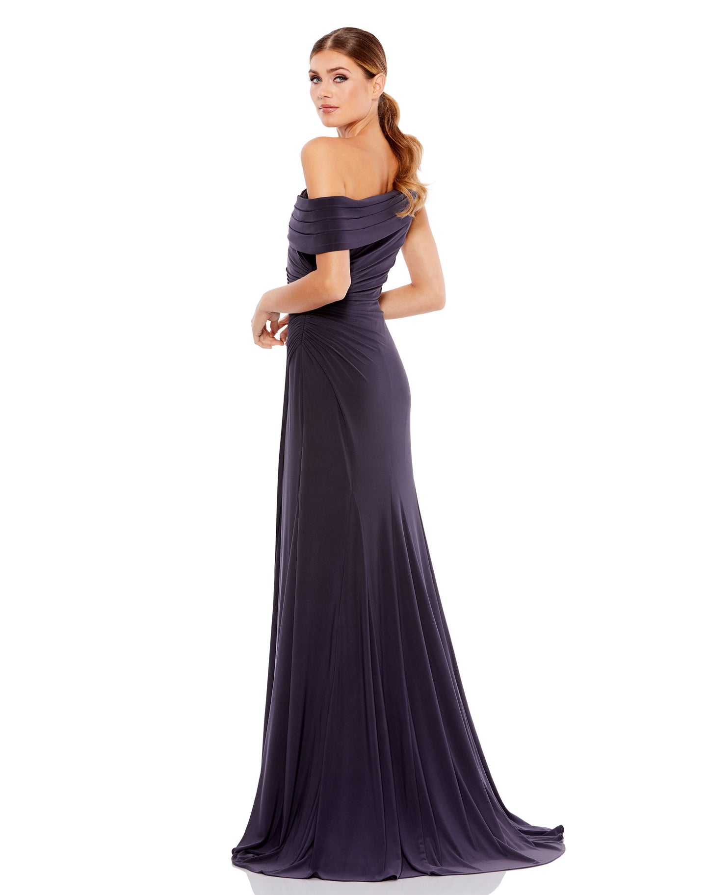 Foldover Off-the-Shoulder Slit Gown