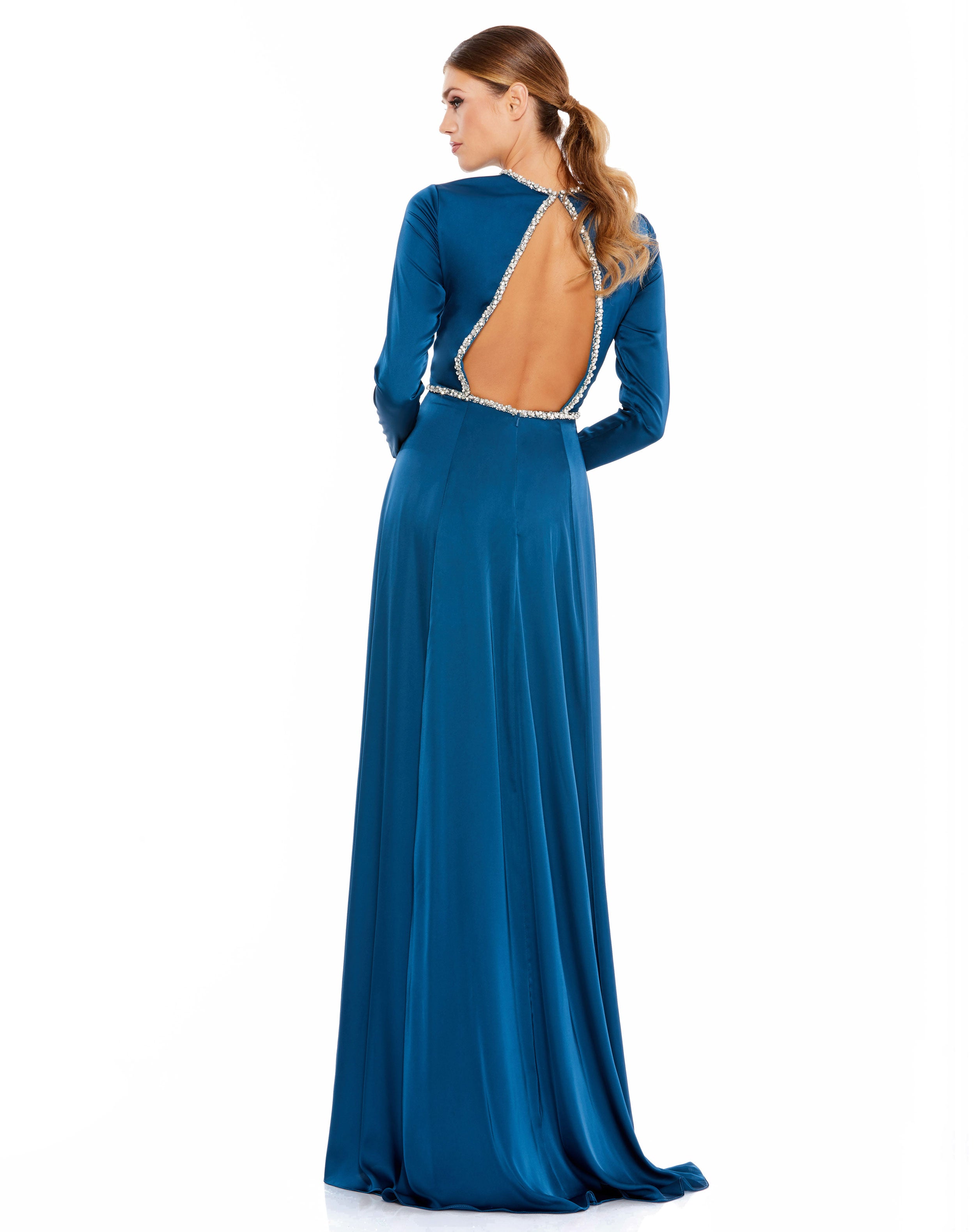 Long Sleeve Jewel Trimmed Charmeuse Gown