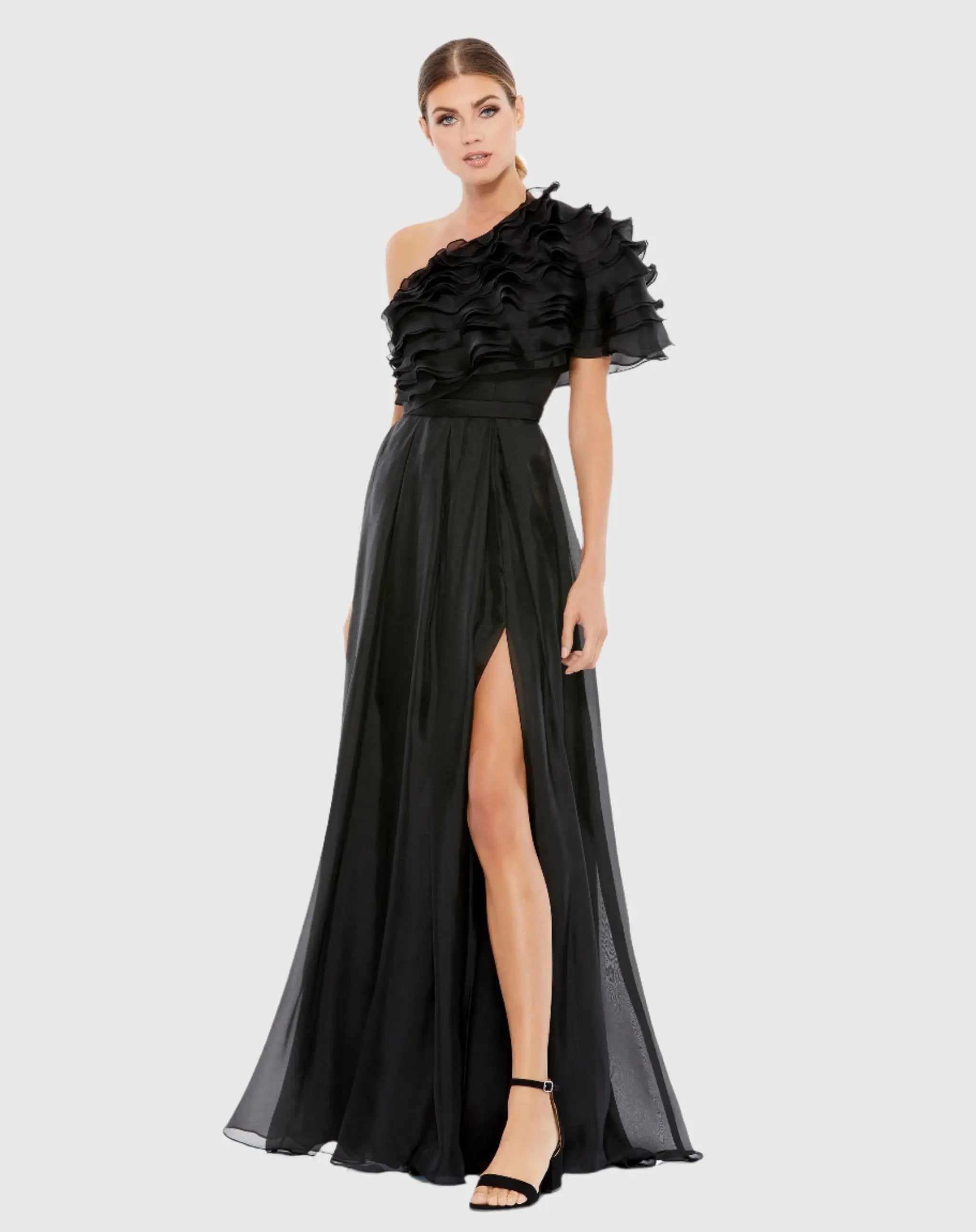 ieena for mac duggal ruffle one-shoulder dress Red Pleated Charmeuse One-Shoulder Evening Gown with Ruffle Detail