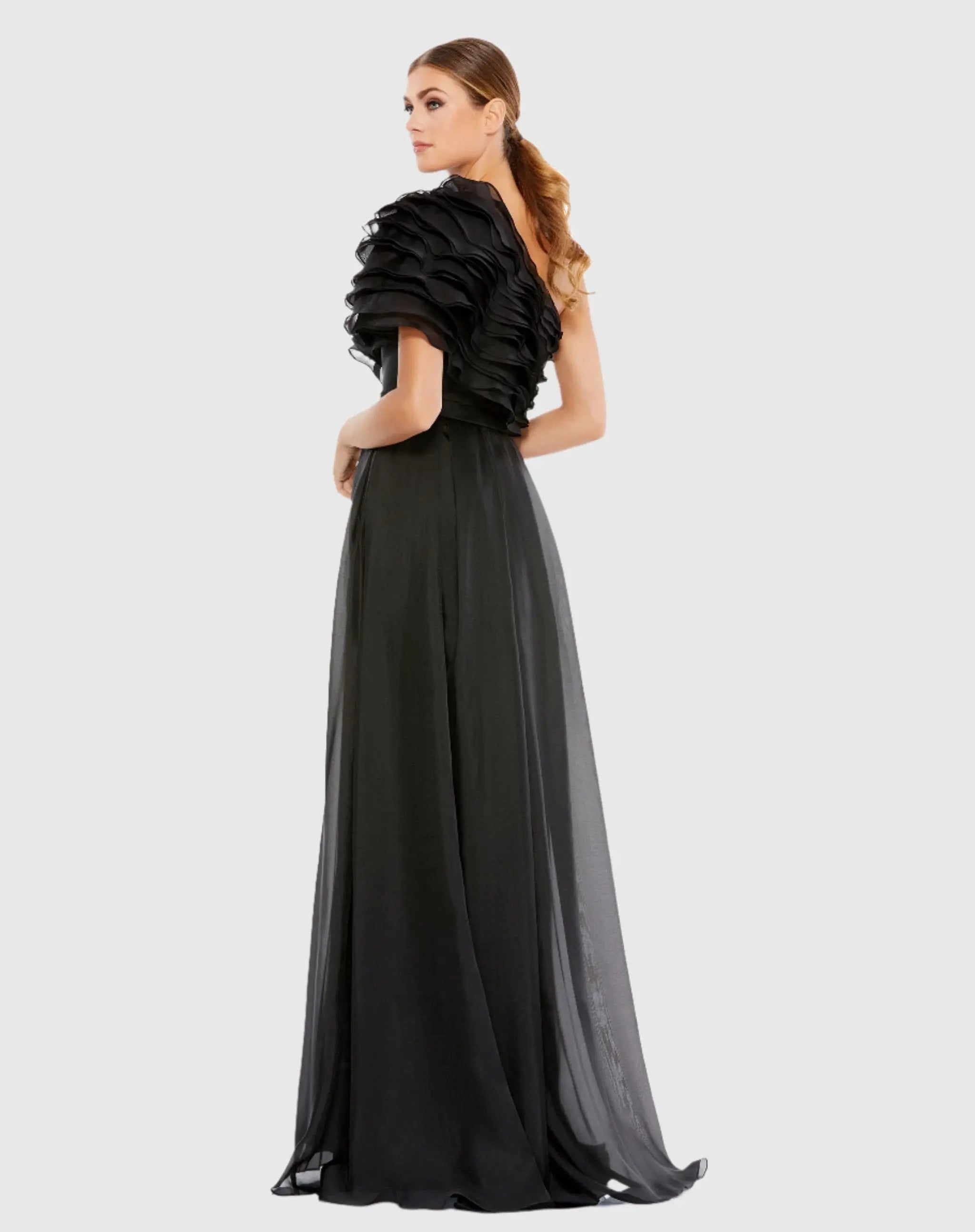 Ruffle Layered One Shoulder Gown Ieena for Mac Duggal