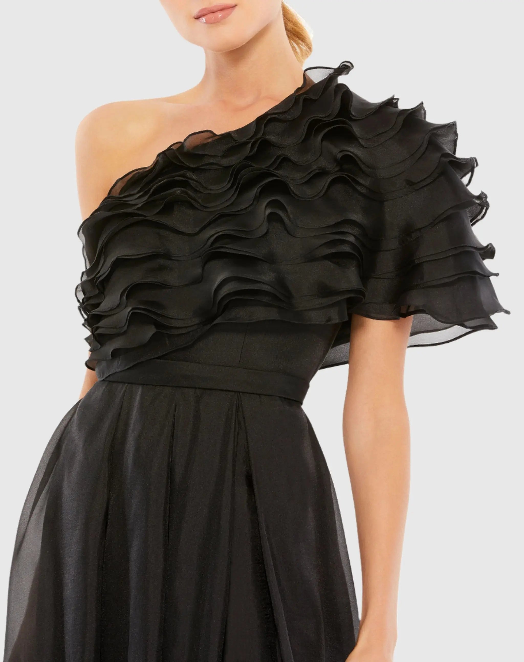 Ruffle Layered One Shoulder Gown Ieena for Mac Duggal