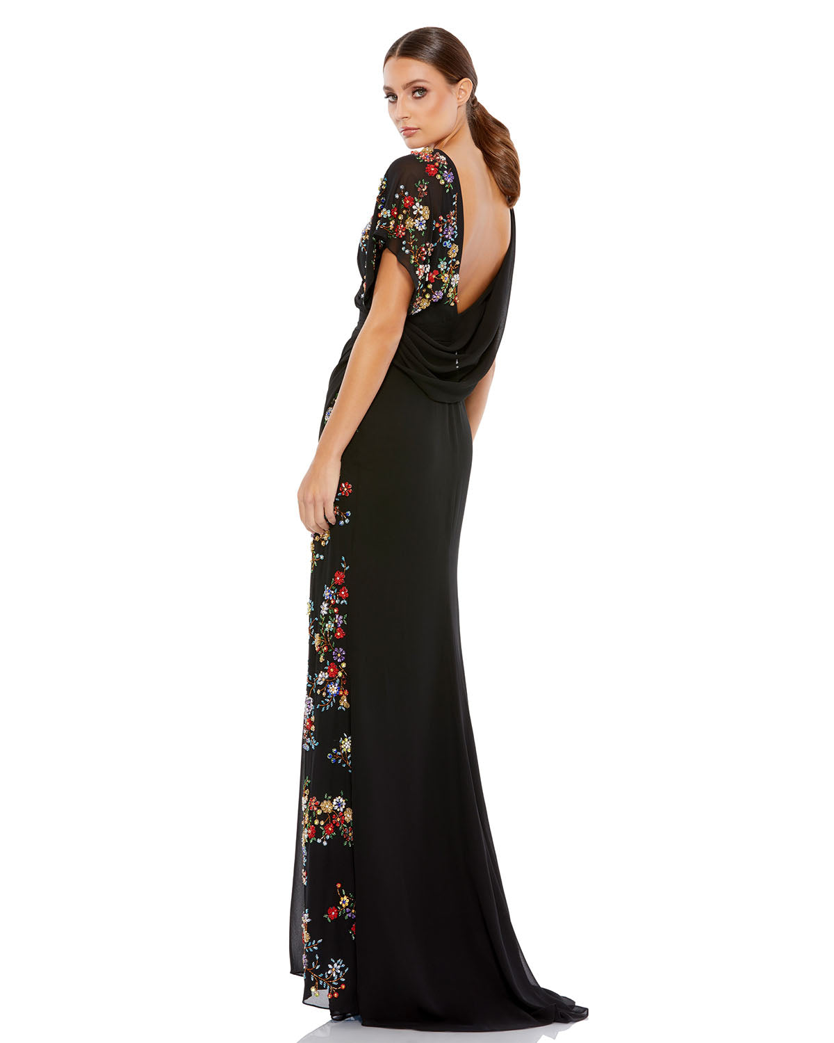 Faux Wrap Multi Colored Beaded Floral Gown