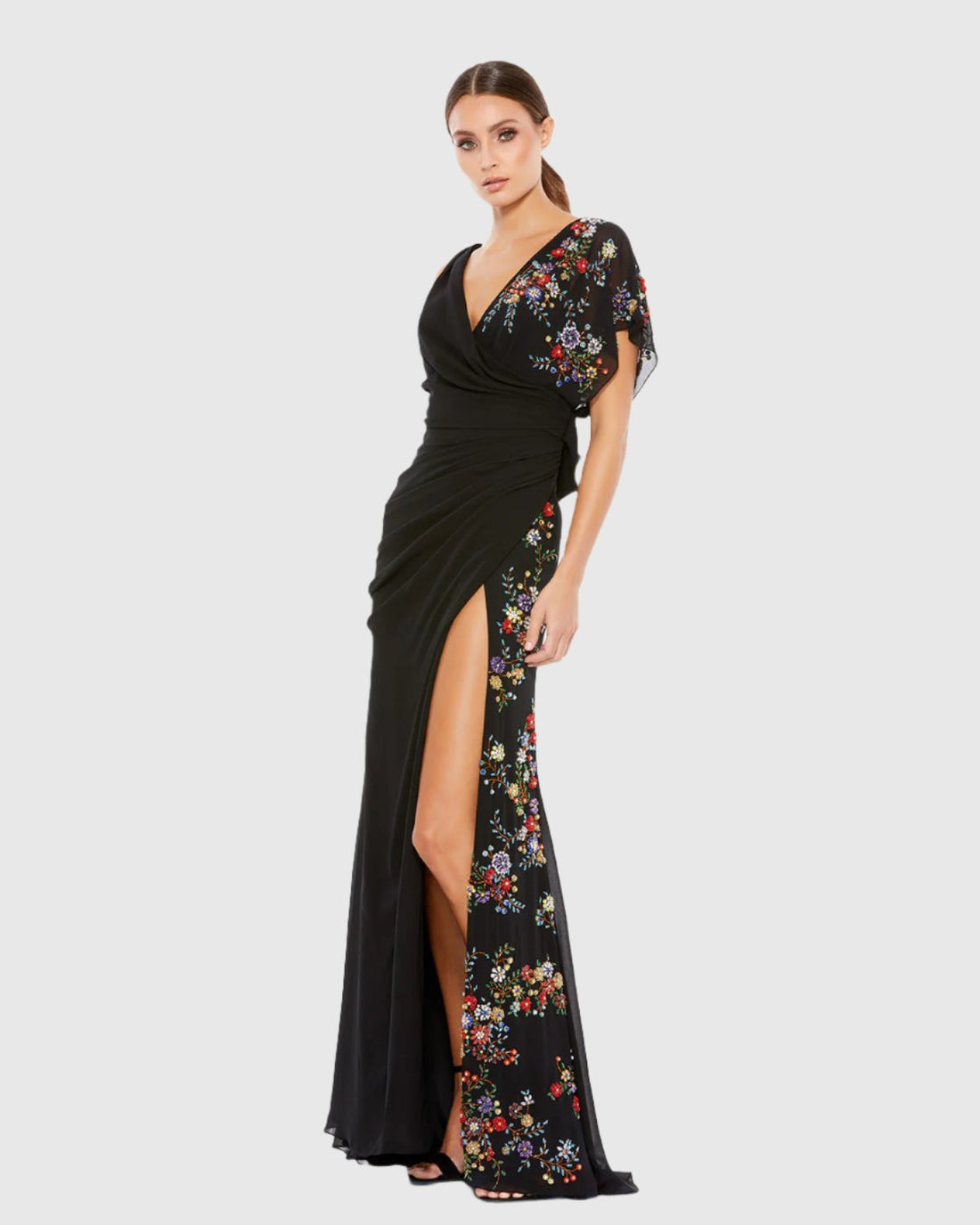 Faux Wrap Multi Colored Beaded Floral Gown