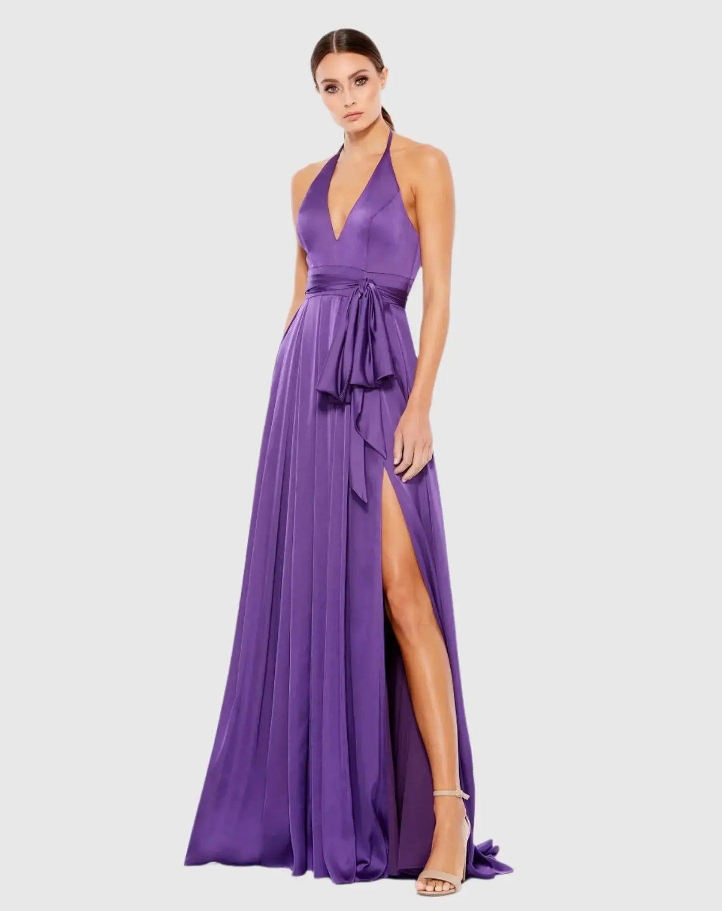 Charmeuse Halter Strap Soft Tie Waist Gown - Mac Duggal