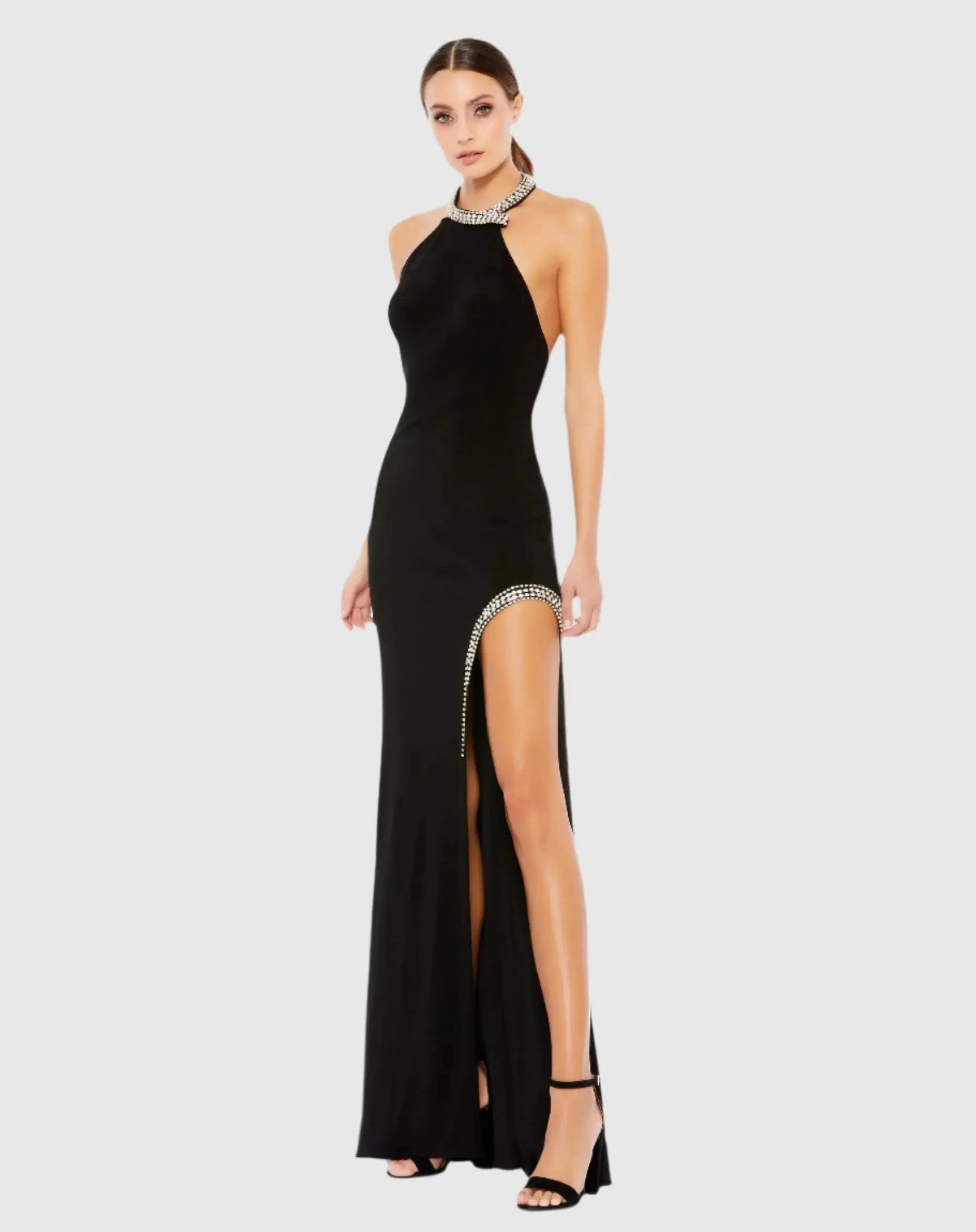 High Slit Halter Gown w/ Rhinestone Accents - Mac Duggal High Slit Halter Gown w/ Rhinestone Accents - Mac Duggal