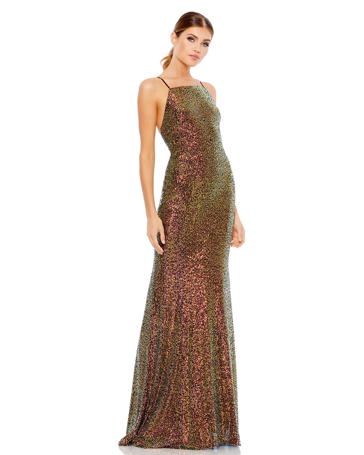 Multi-Colored Sequined Square Neck Gown