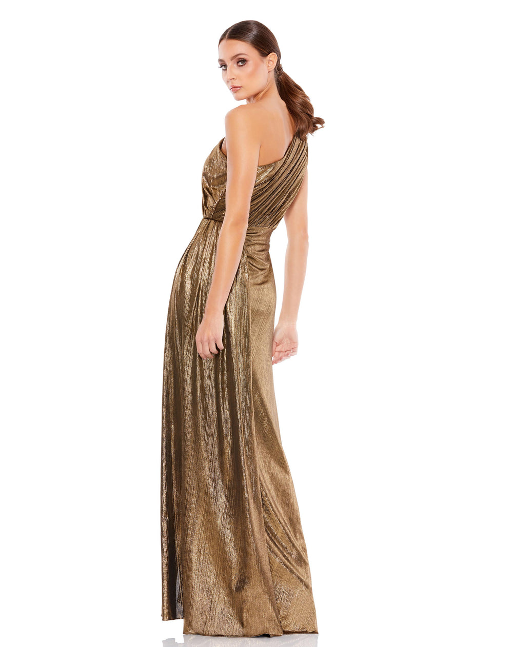 Metallic Draped One Shoulder Grecian Dress – Mac Duggal