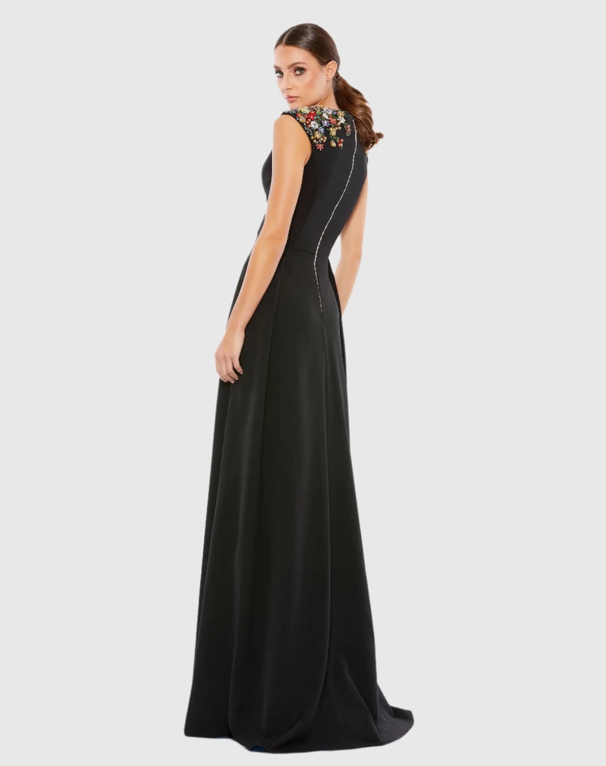 Black Beaded Cap Sleeve V Neck A Line Gown - Ieena for Mac Duggal