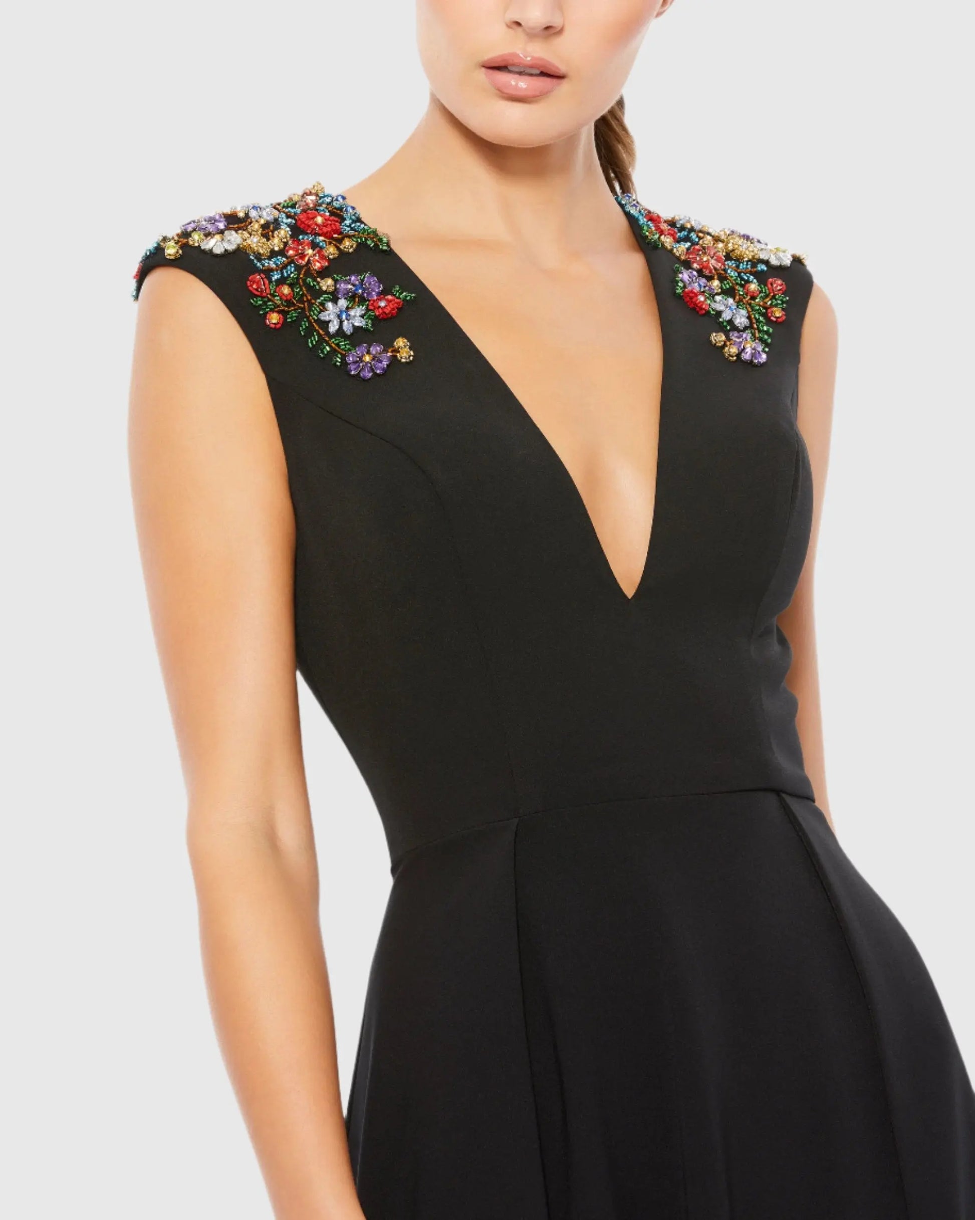 mac duggal black beaded dress Black Beaded Cap Sleeve V Neck Column Gown