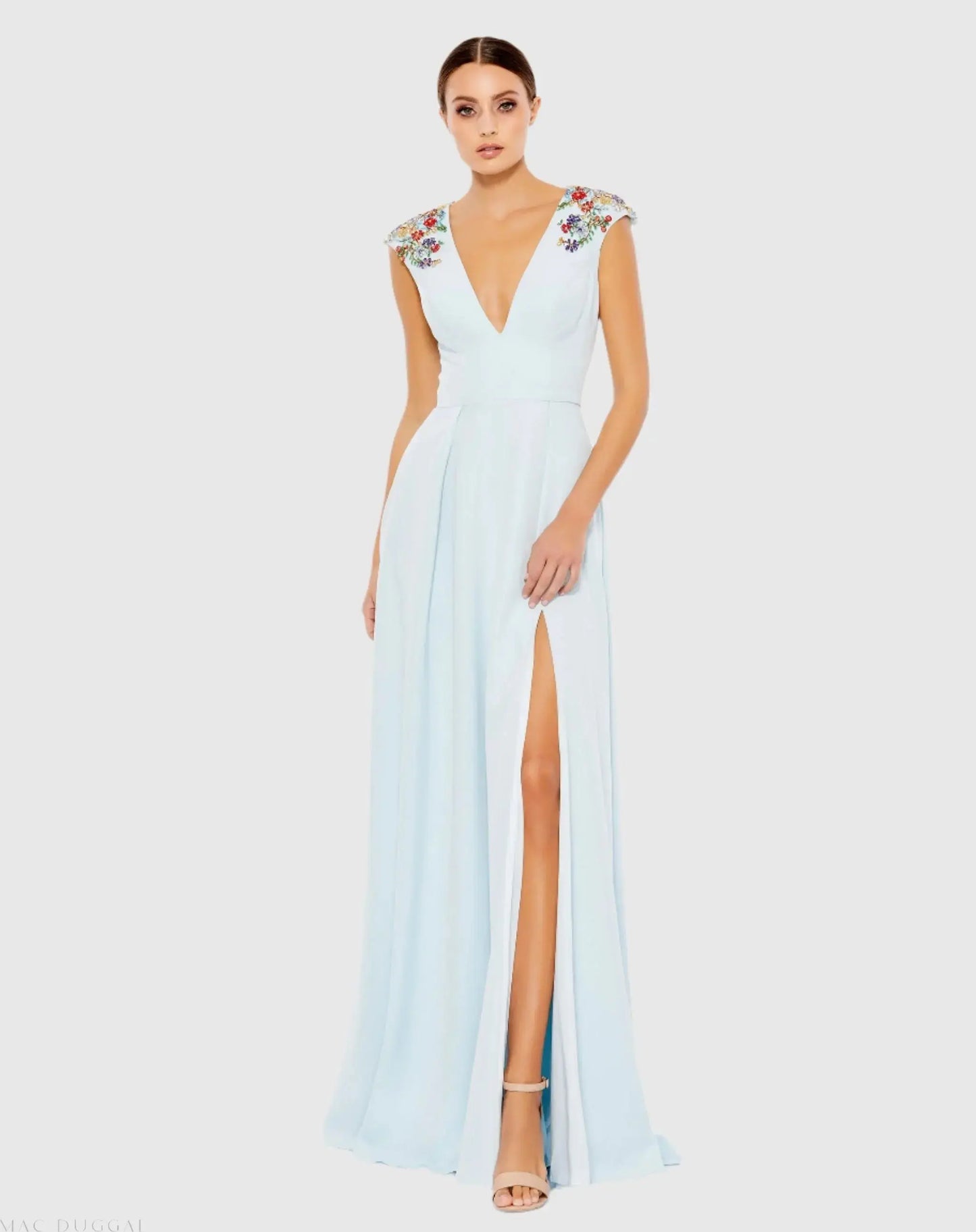 Light Blue Beaded Cap Sleeve V Neck A Line Gown - Ieena for Mac Duggal
 