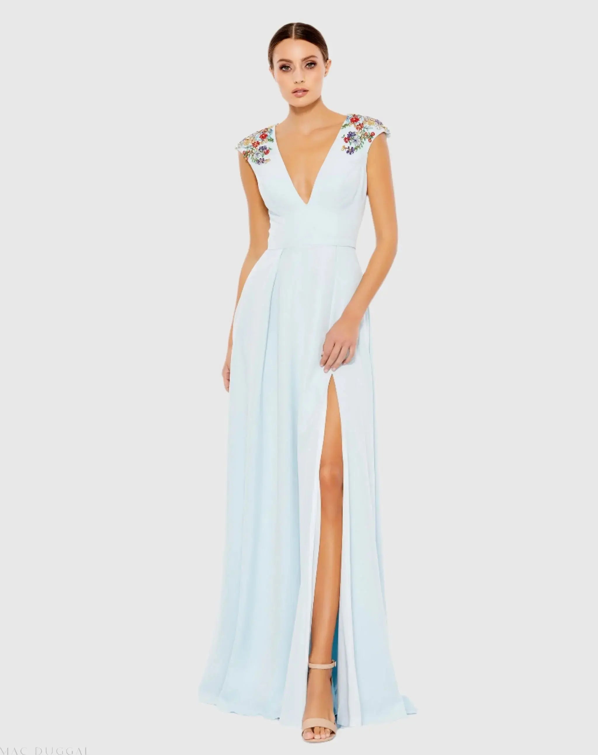 Light Blue Beaded Cap Sleeve V Neck A Line Gown - Ieena for Mac Duggal
 