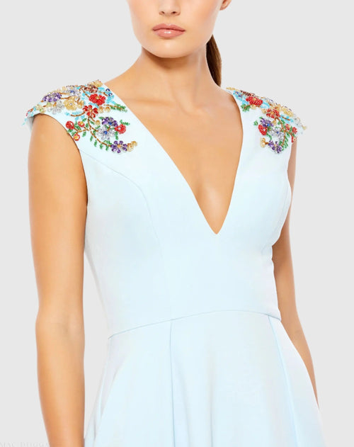 Light Blue Beaded Cap Sleeve V Neck A Line Gown - Ieena for Mac Duggal