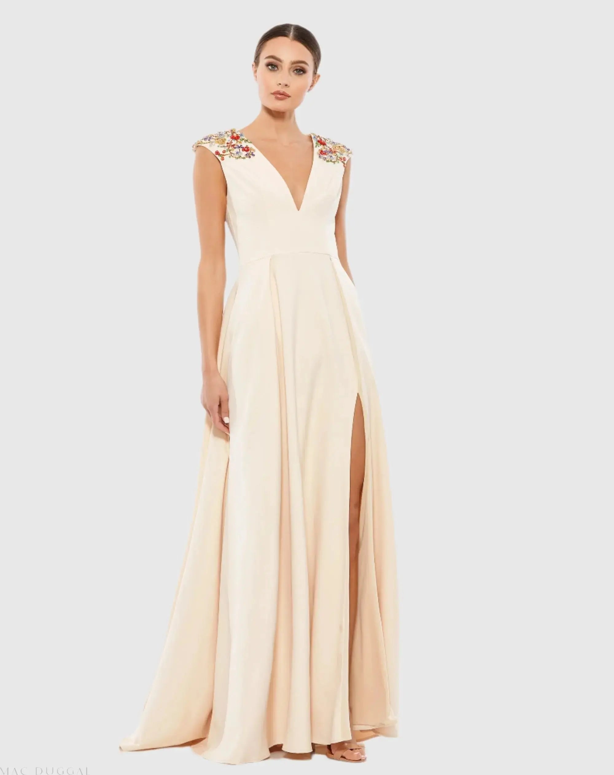 Beige Beaded Cap Sleeve V Neck A Line Gown - Mac Duggal