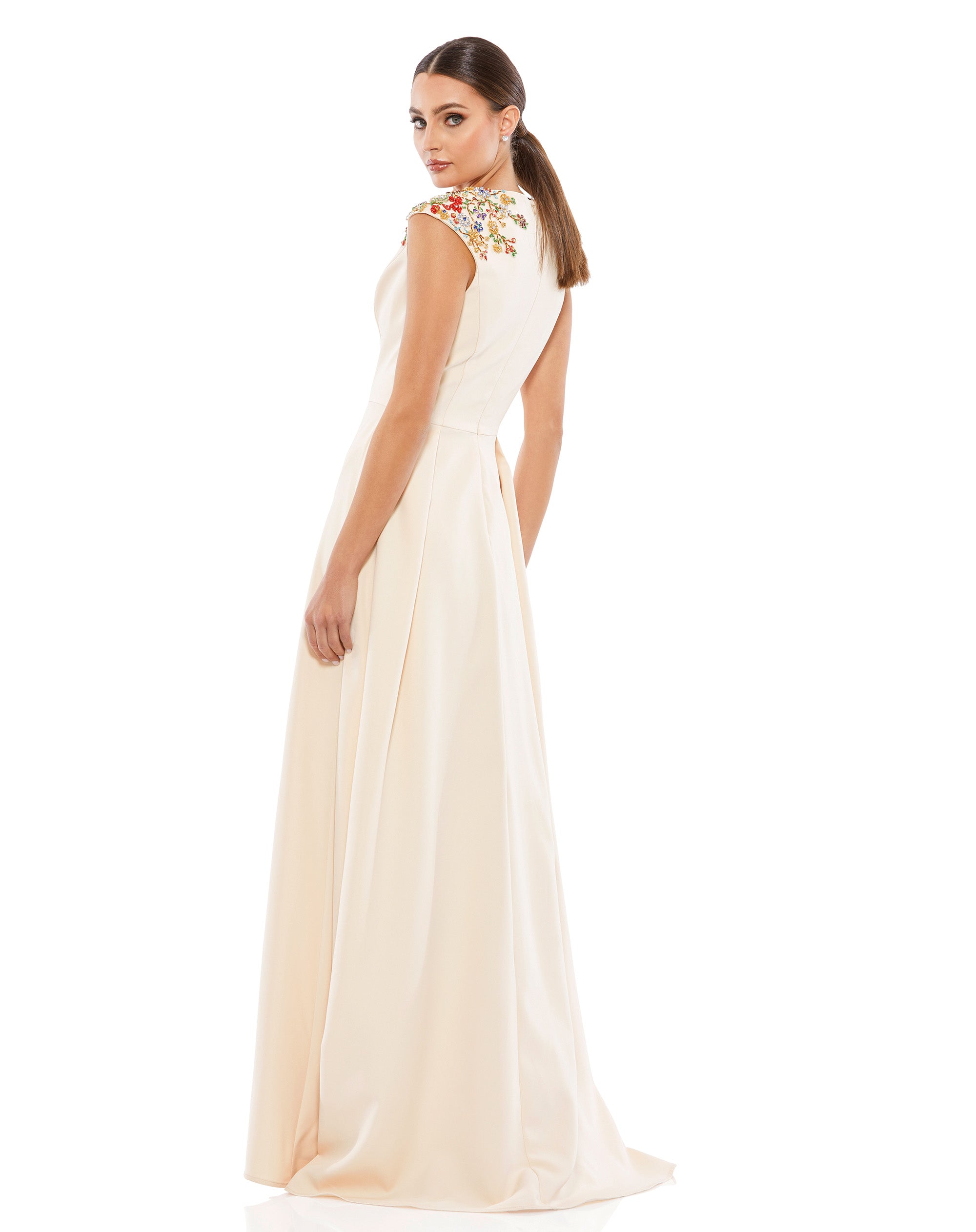 Beaded Cap Sleeve V Neck A Line Gown