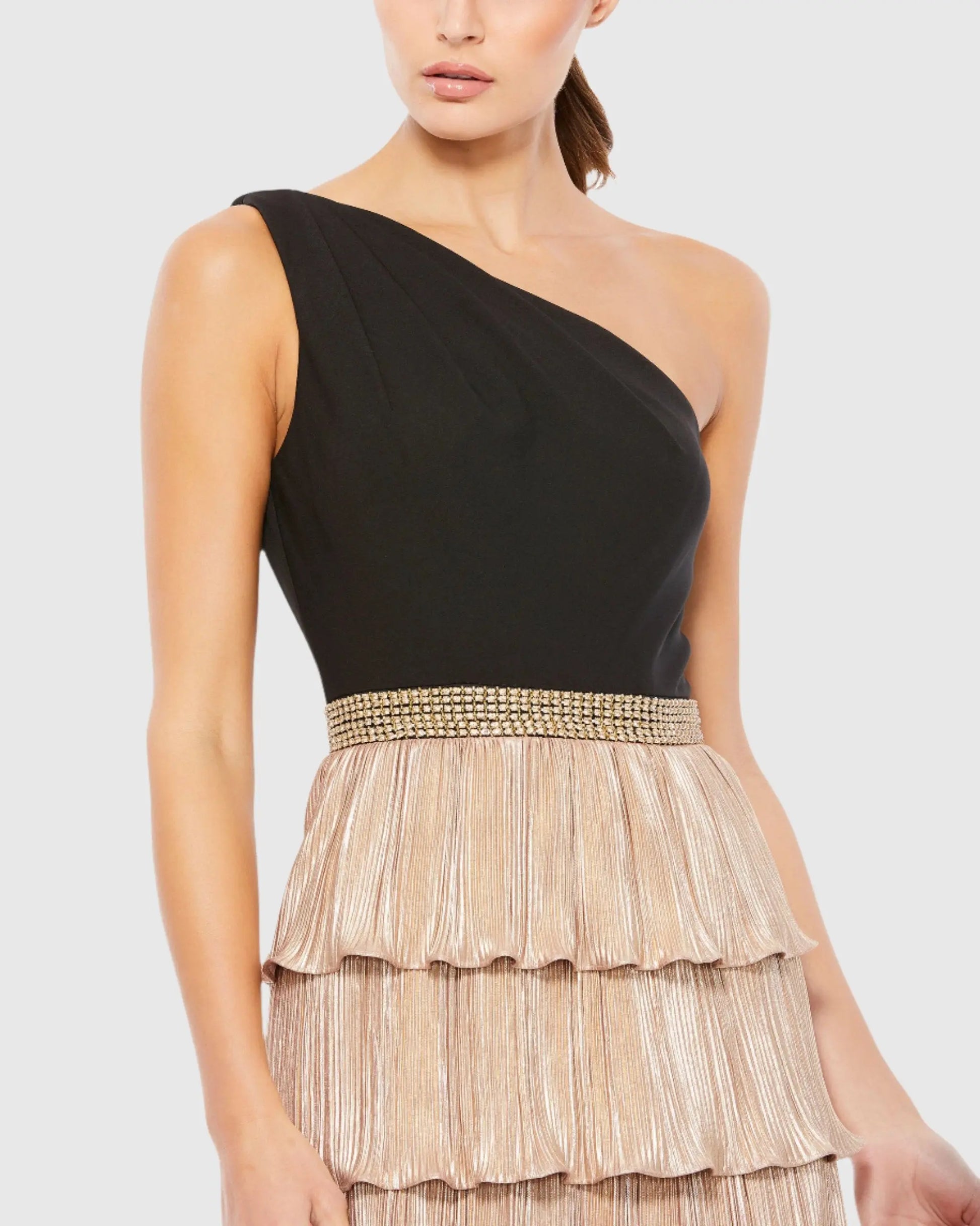 Black and Gold One Shoulder Tiered Ruffle A-Line Gown | Mac Duggal Black and Gold One Shoulder Tiered Ruffle A-Line Gown | Mac Duggal