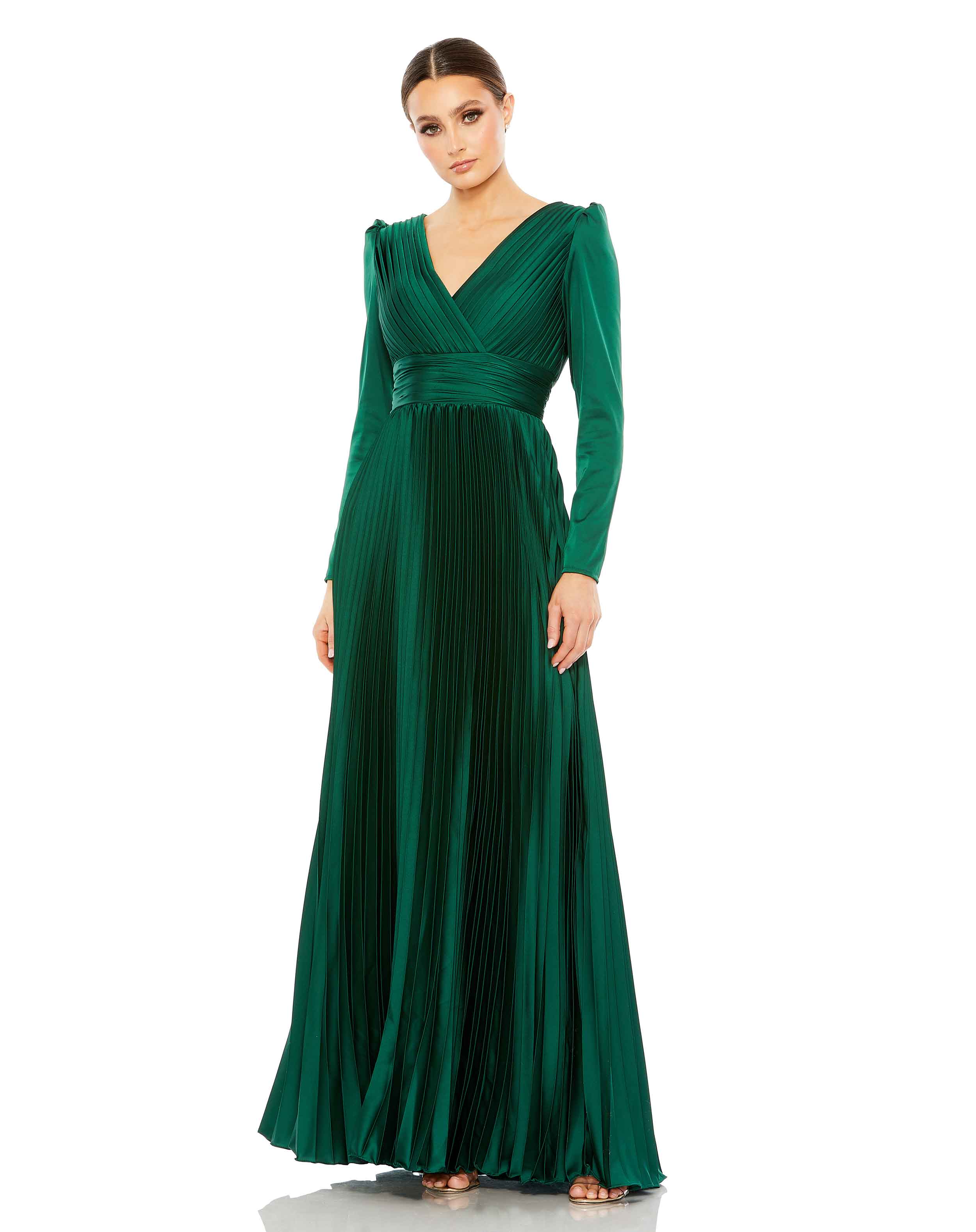 Pleated Long Sleeve V-Neck Gown