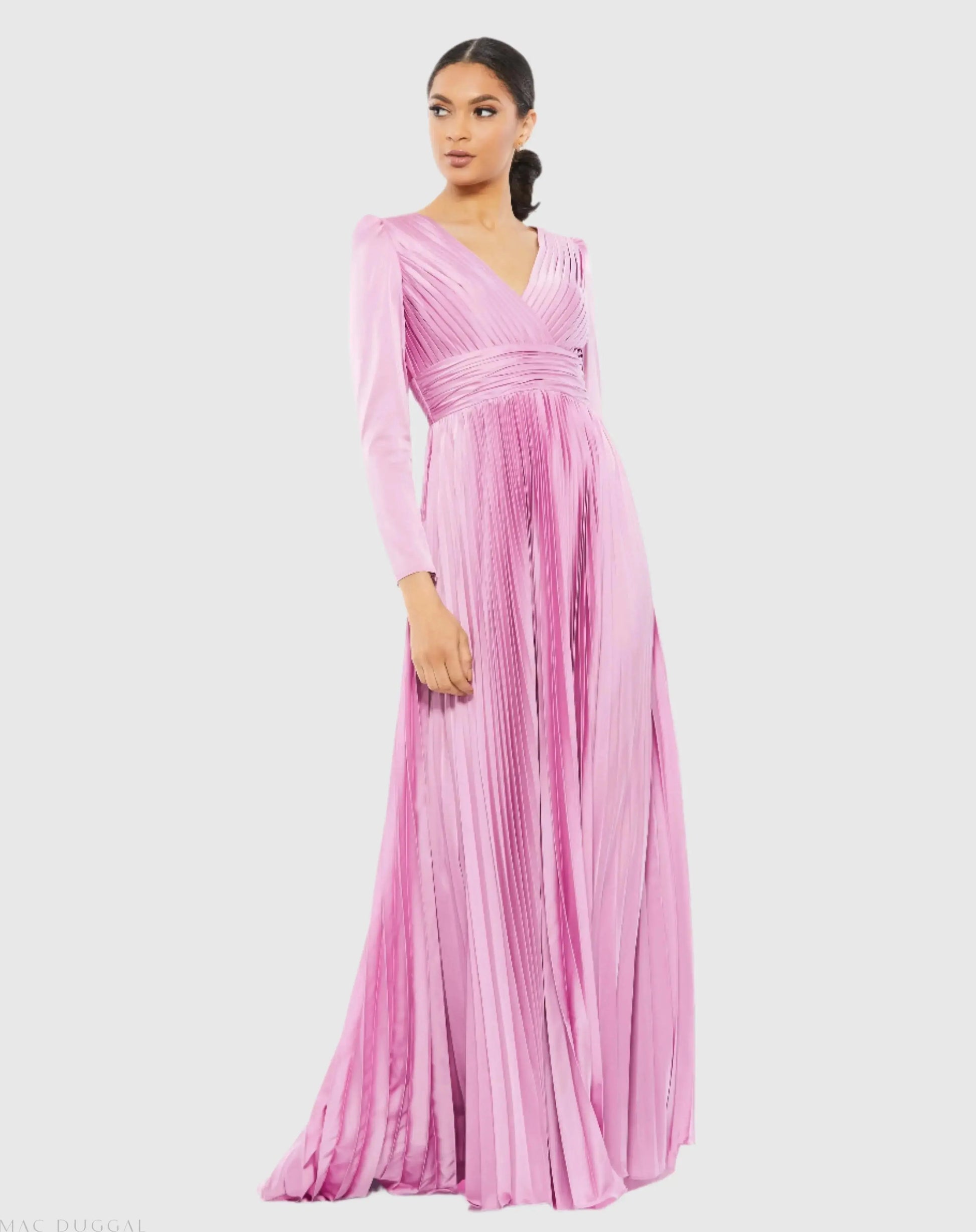 mac duggal pleated v neck dress Pleated Chiffon V Neck Ruffle Midi Dress